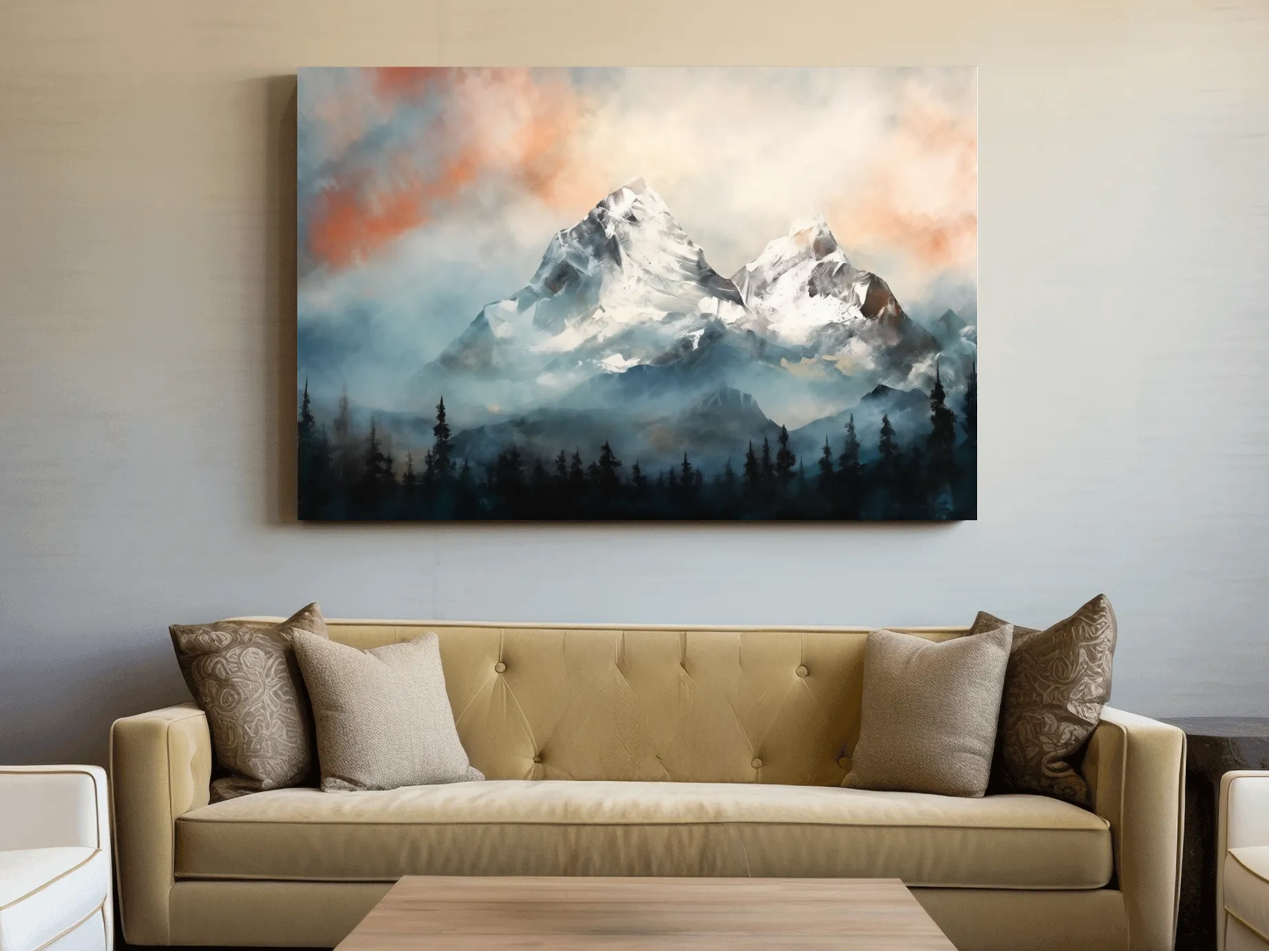 Misty Snowcapped Mountain Peaks Painting - Alpine Sunset Wall Art