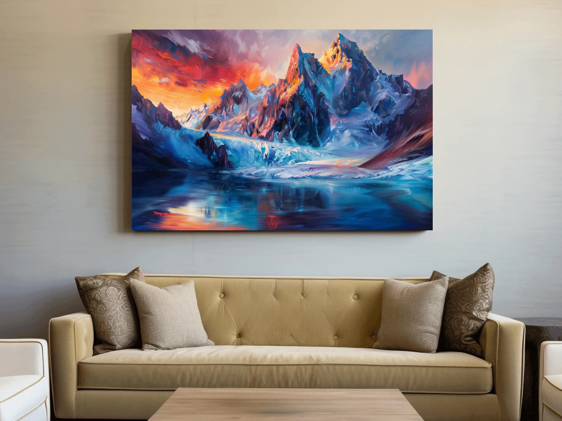 Vibrant Glacial Sunset Impressionism Painting - Dramatic Alpine Mountain Wall Art