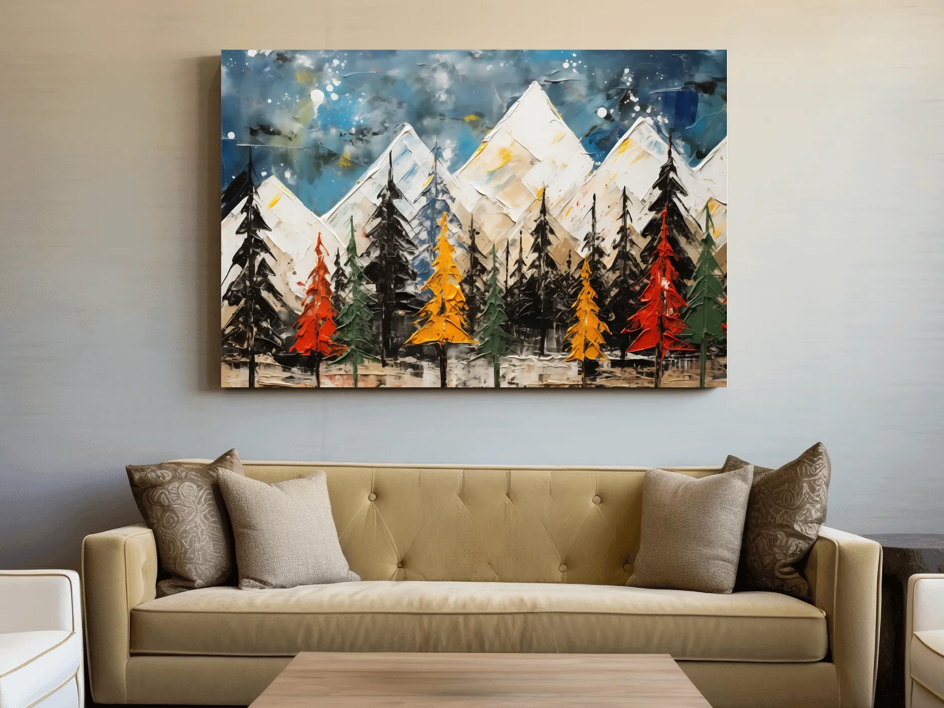Textured Abstract Oil Painting Style Mountain Forest - Colorful Autumn Pines Landscape Wall Art