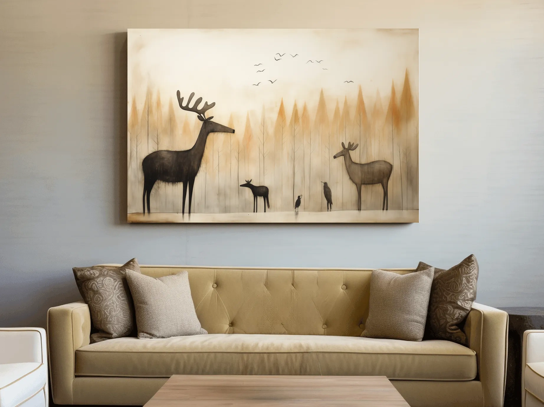 Minimalist Woodland Deer Family Illustration - Scandinavian Nursery Forest Wall Art