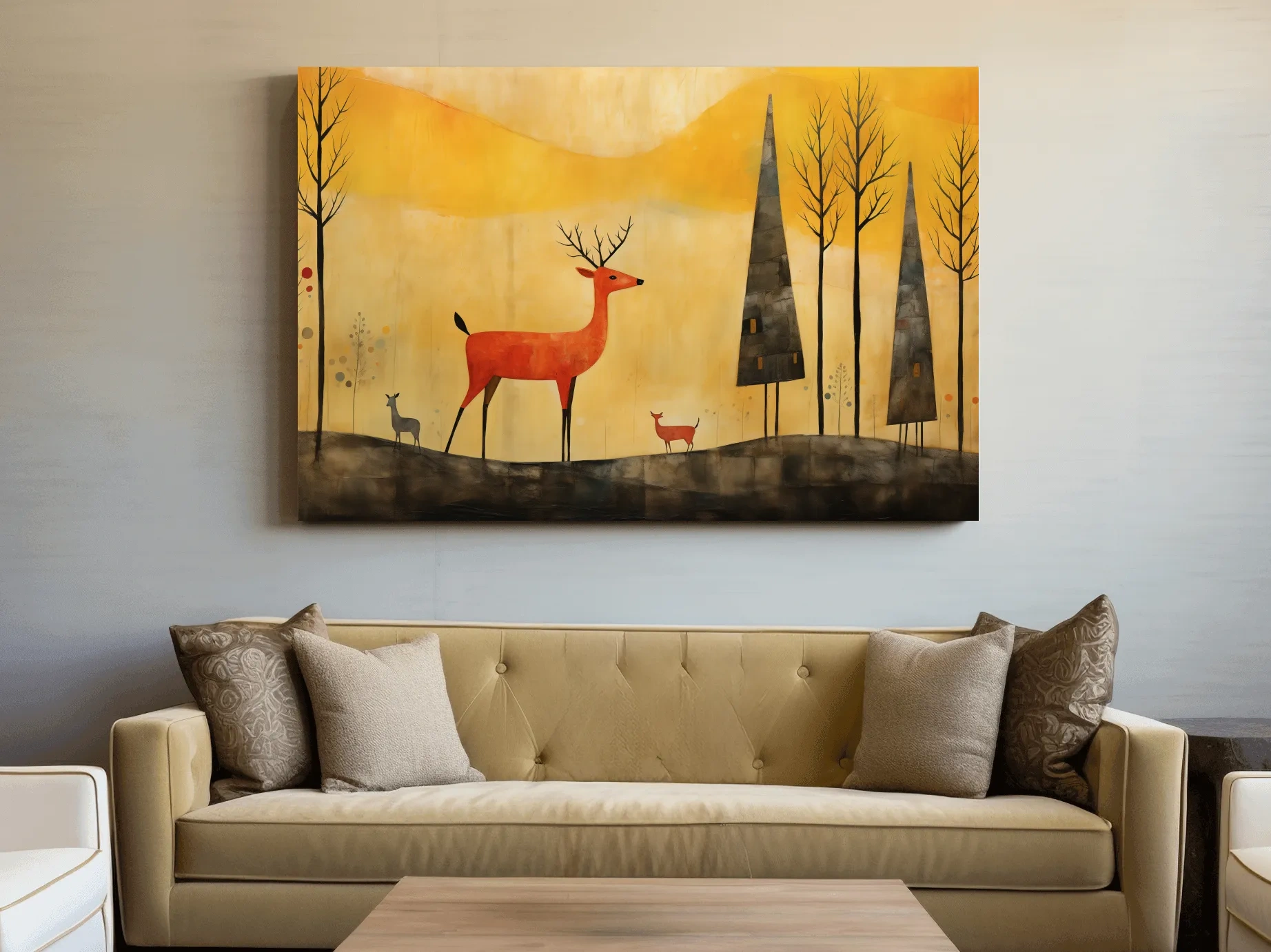 Whimsical Deer Forest Illustration - Autumn Woodland Landscape Wall Art