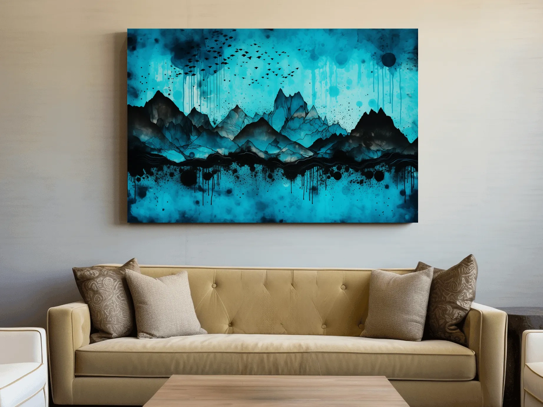 Ink Wash Mountain Range Artwork - Moody Abstract Watercolor Wall Art