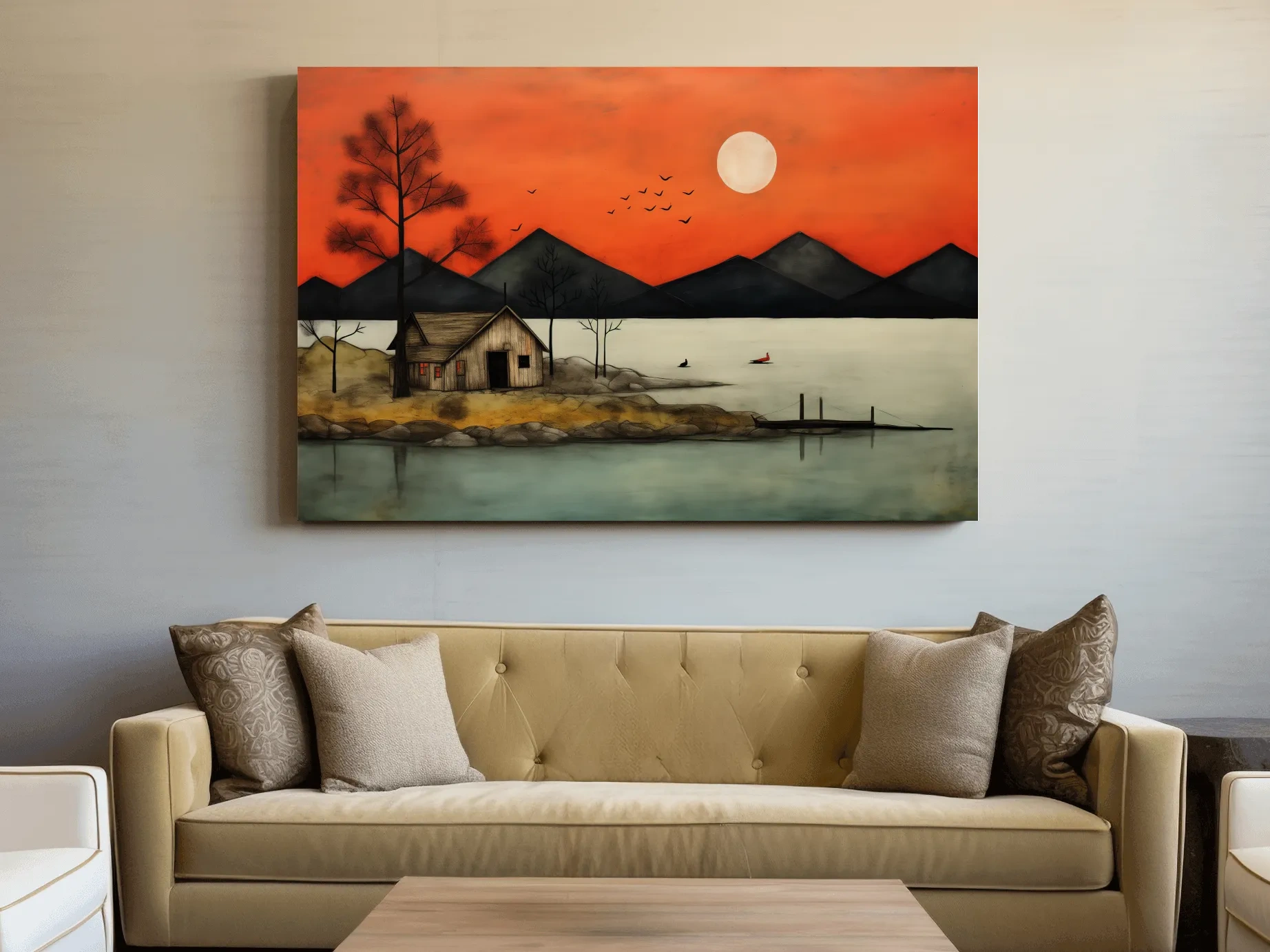 Rustic Lakeside Cabin Sunset Painting - Mountain Wall Art