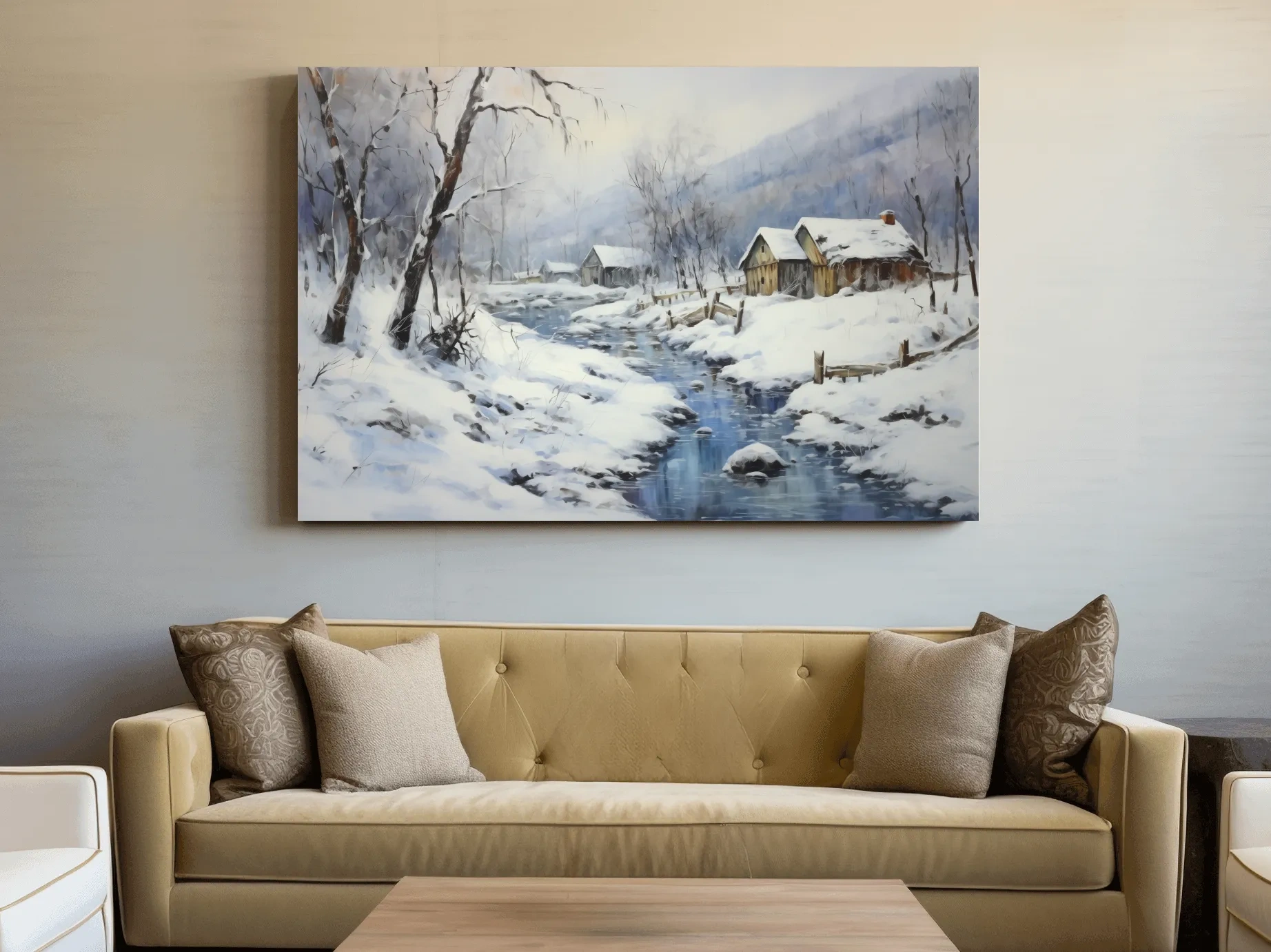 Snowy Winter Cabin Stream Landscape - Serene Rustic Wall Art