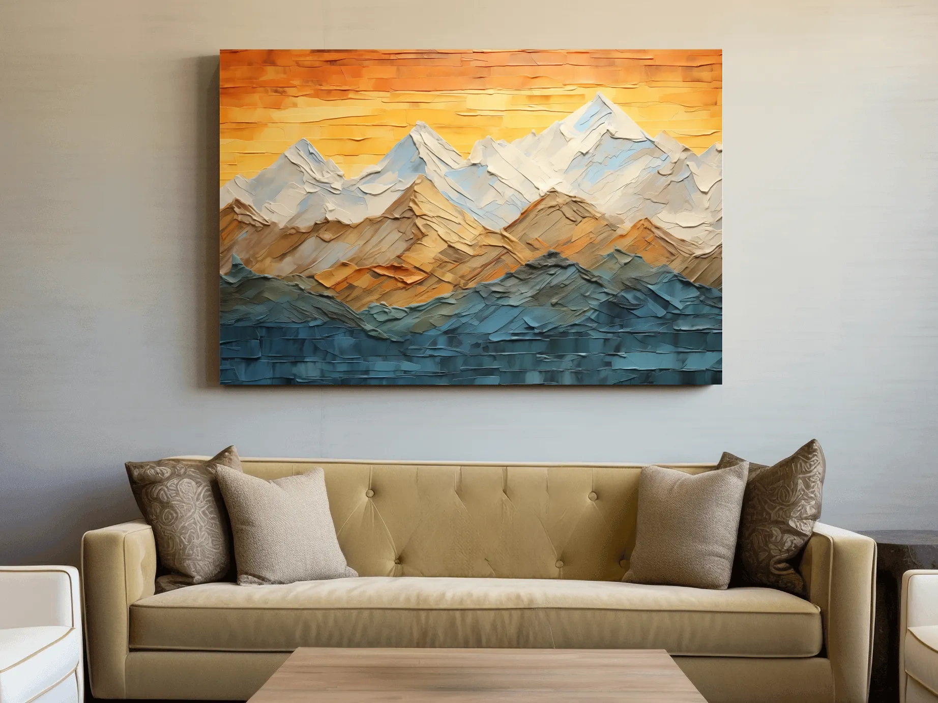 Impasto Style Mountain Range Sunset - Pallet Knife Painting Effect Wall Art
