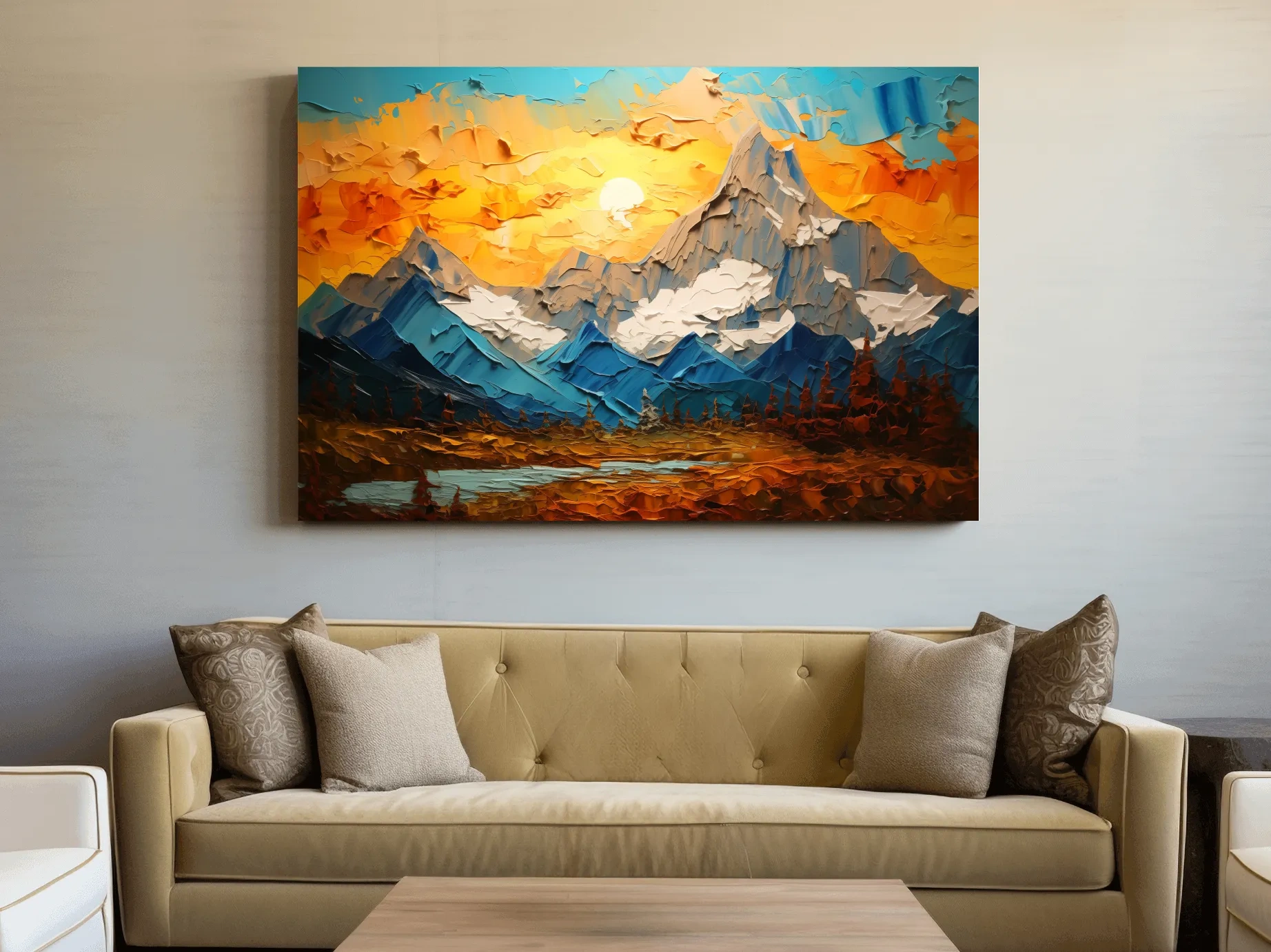 Palette Knife Style Mountain Sunset Painting - Vibrant Abstract Alpine Artwork