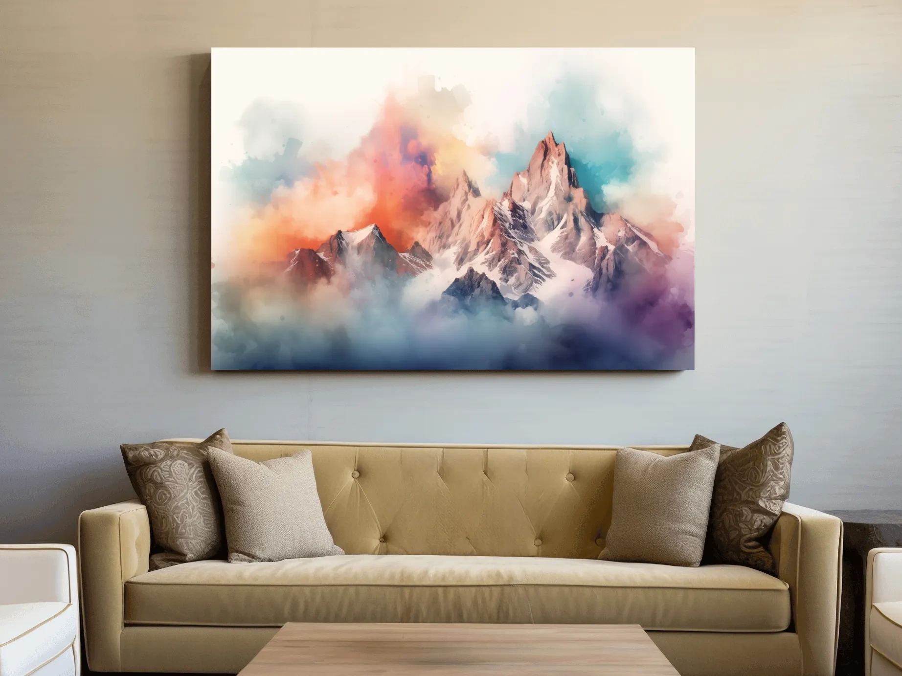 Vibrant Watercolor Alpine Mountain Peaks - Colorful Misty Artwork