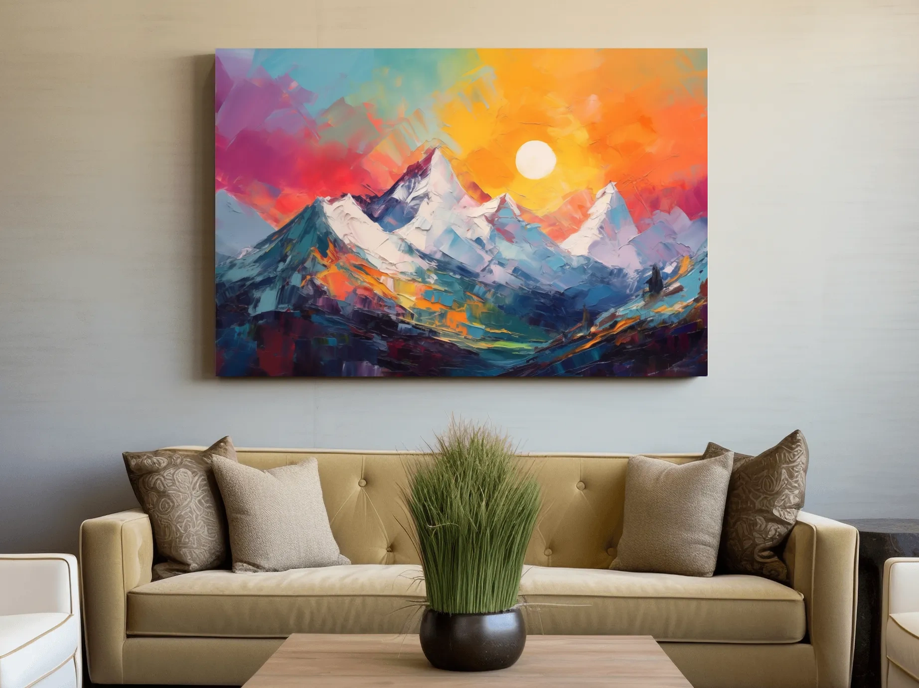 Colorful abstract mountain wall art, vibrant sunset oil painting print