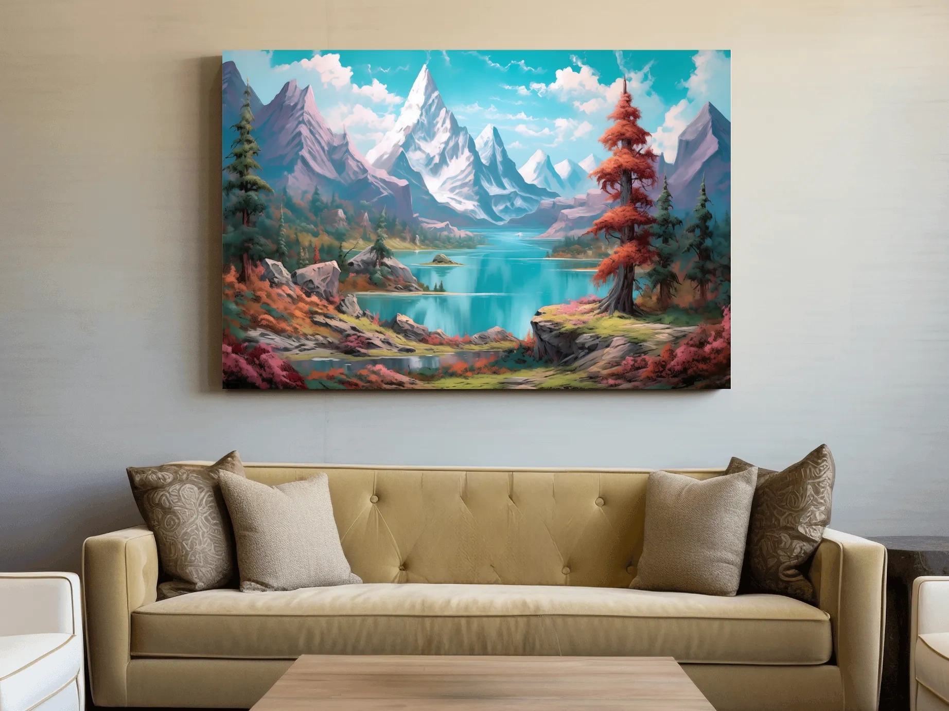 Vibrant Fantasy Alpine Lake Mountains - Surreal Colorful Artwork