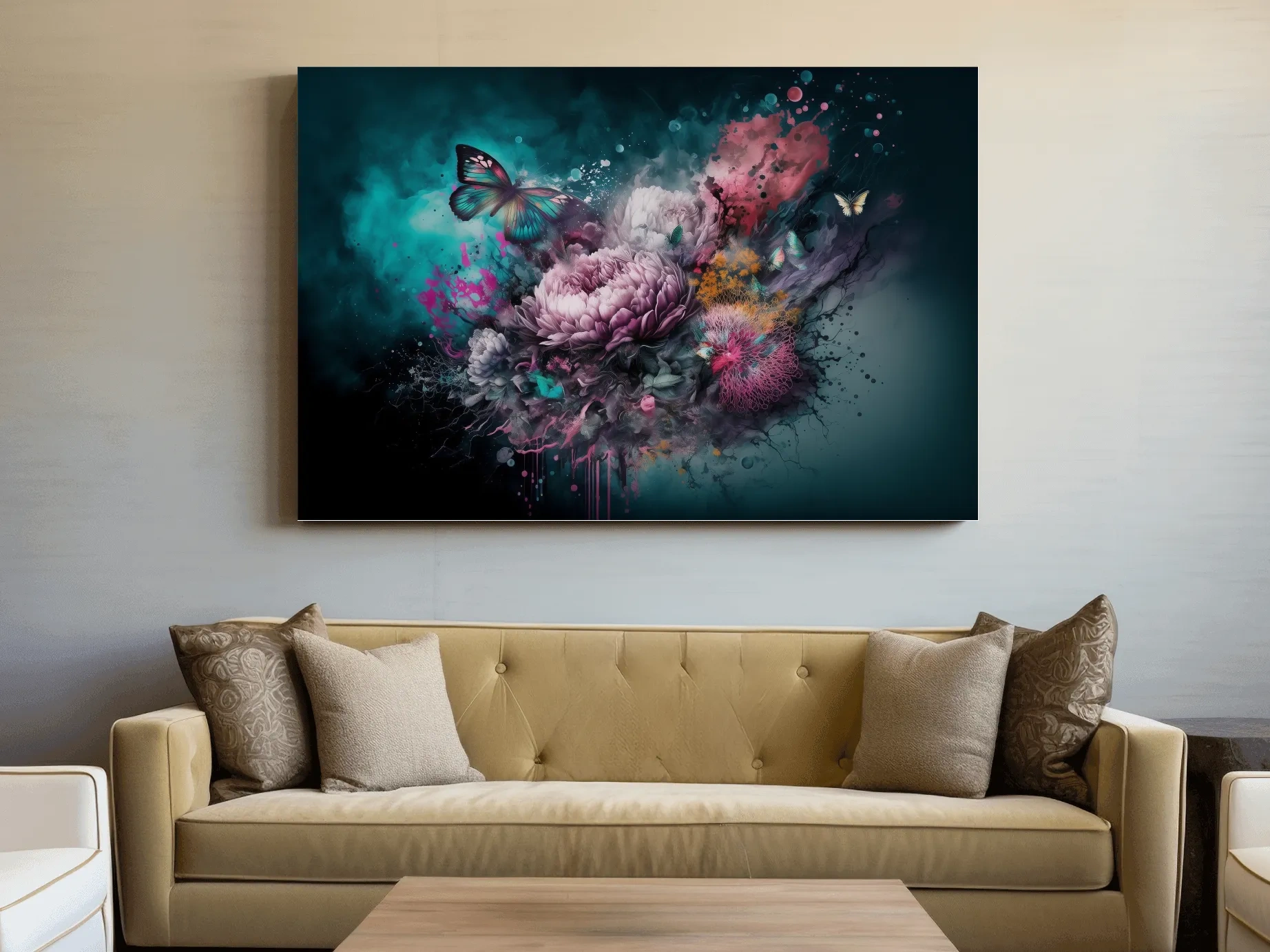 Surreal Floral Butterfly Explosion Painting - Vibrant Botanical Wall Art