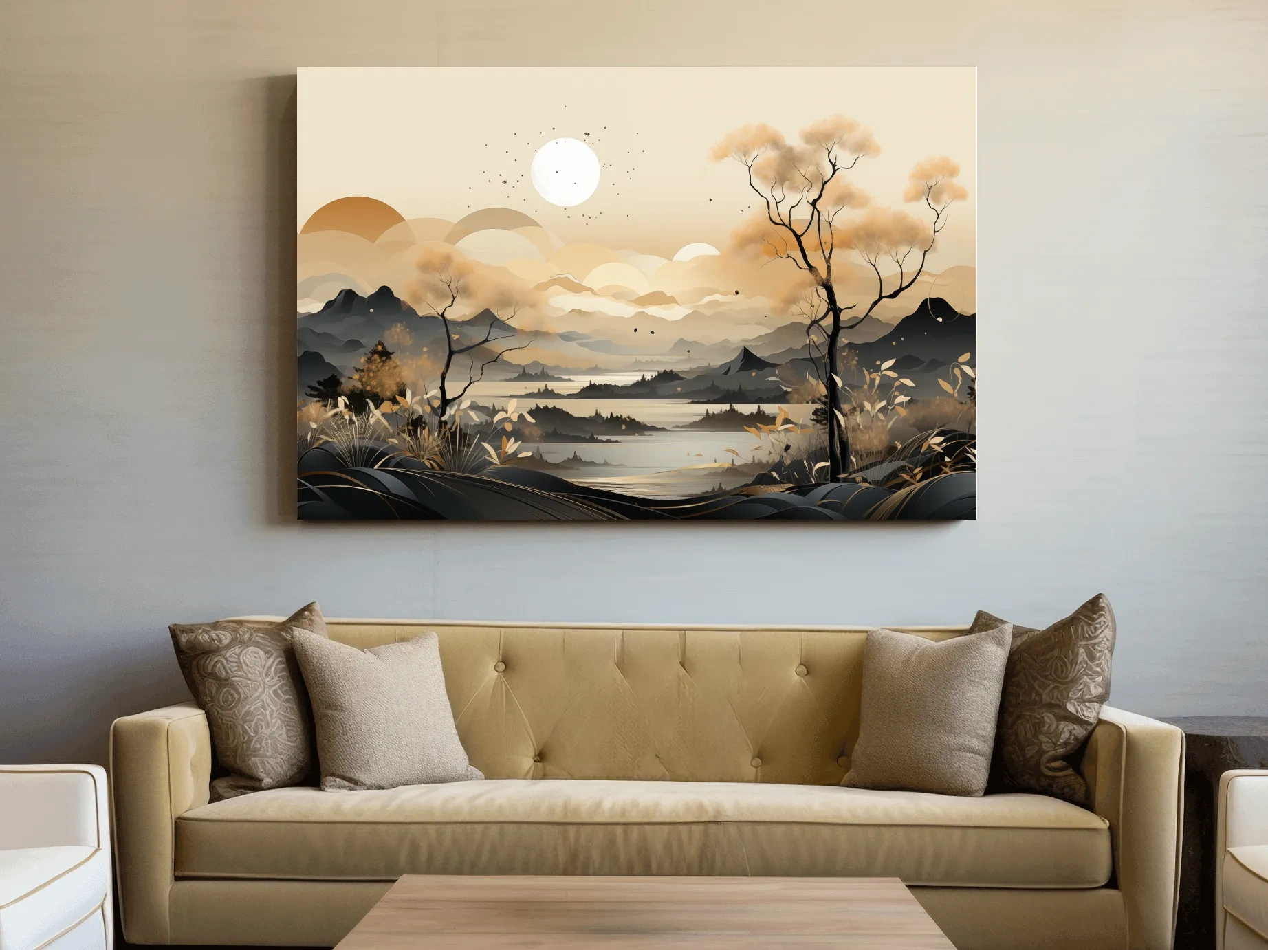 Japandi Misty Mountain Lake Landscape - Boho Wall Artwork