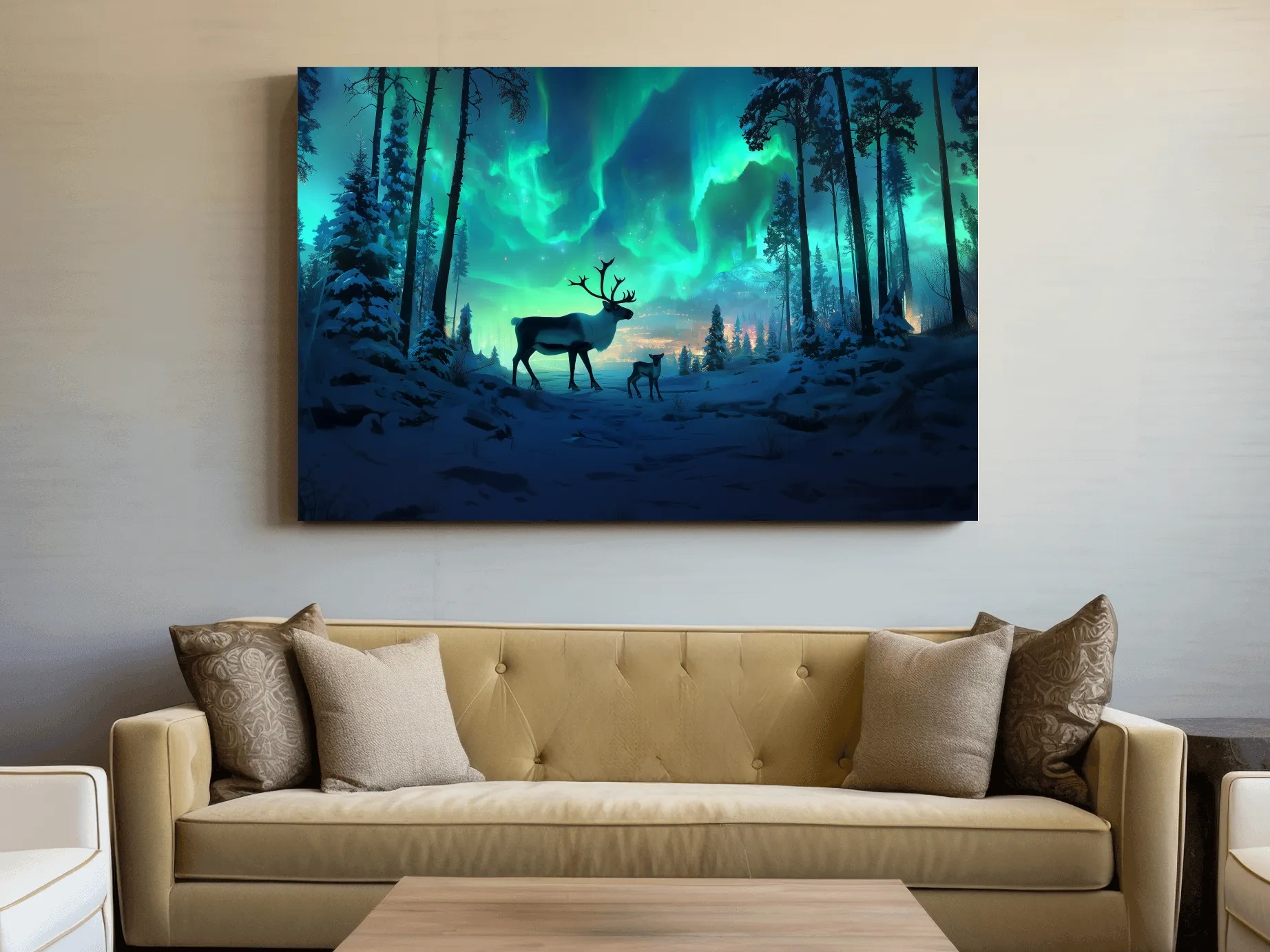 Caribou Buck Under Aurora Borealis Winter Scene - Fantasy Northern Lights Forest Wall Art