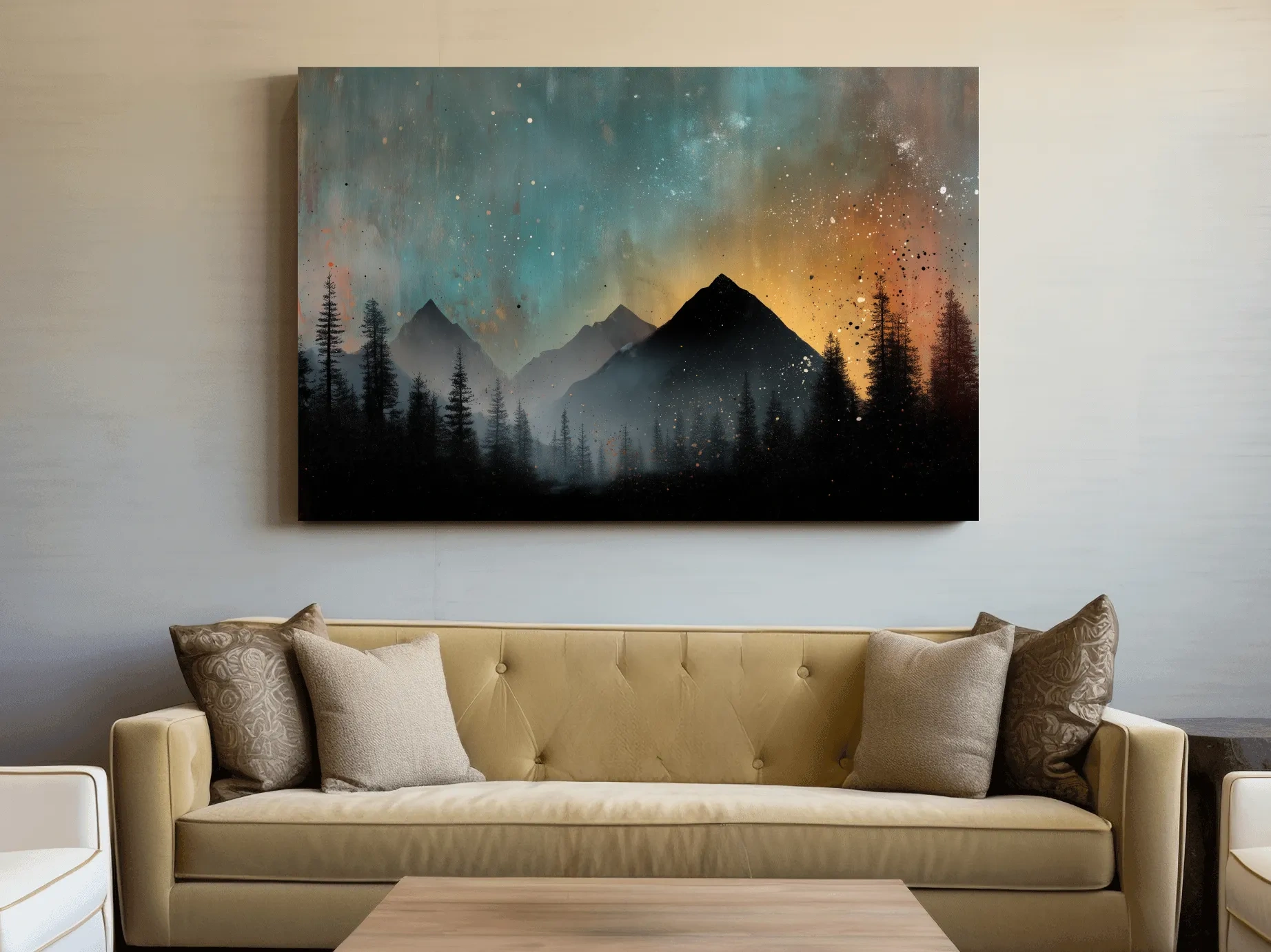 Moody Mountain Sunset Silhouette - Abstract Pine Forest Wall Art