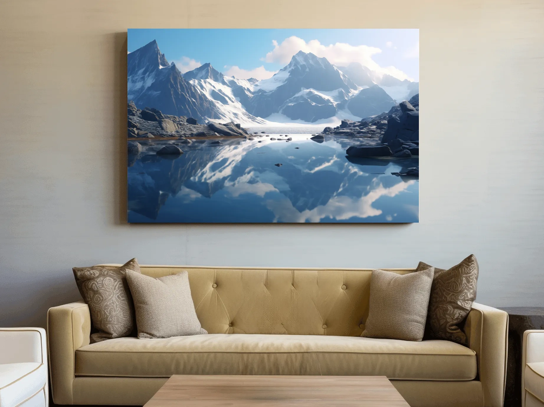 Majestic Snowcapped Mountain Lake Artwork - Serene Alpine Photography Wall Art