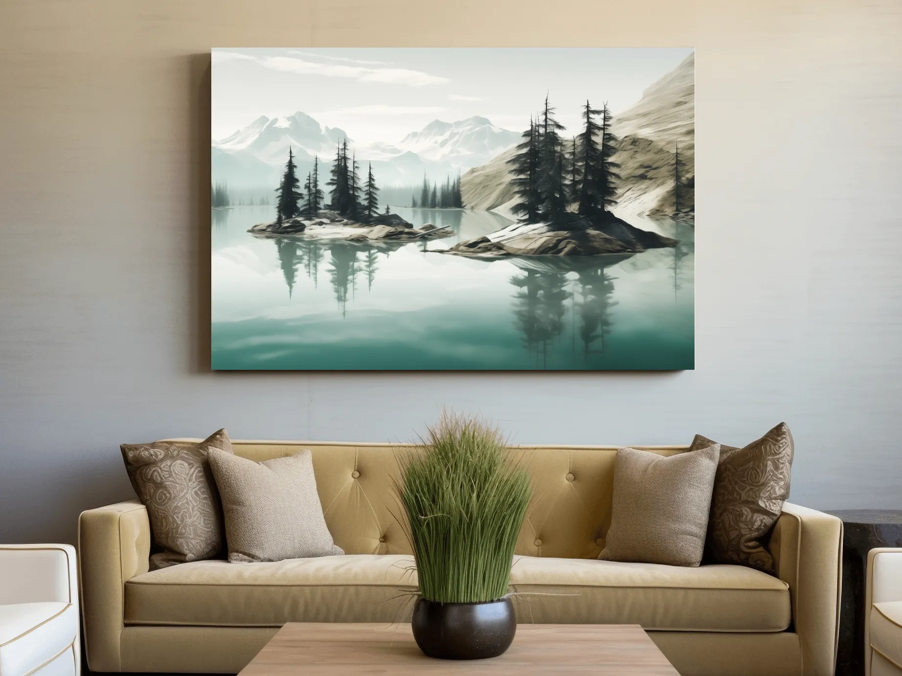 Painting of trees on a pacific northwest turquoise lake alpine lake