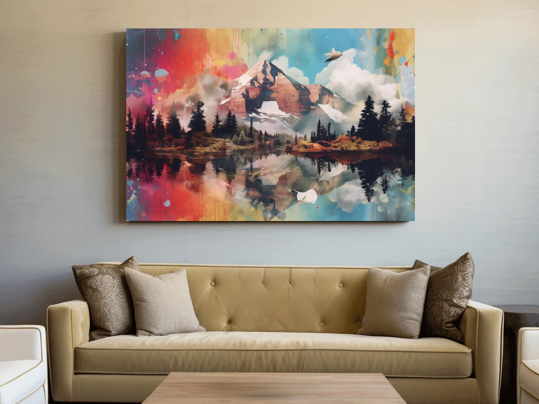 Vibrant Abstract Mountain Lake Painting - Colorful Landscape Wall Art