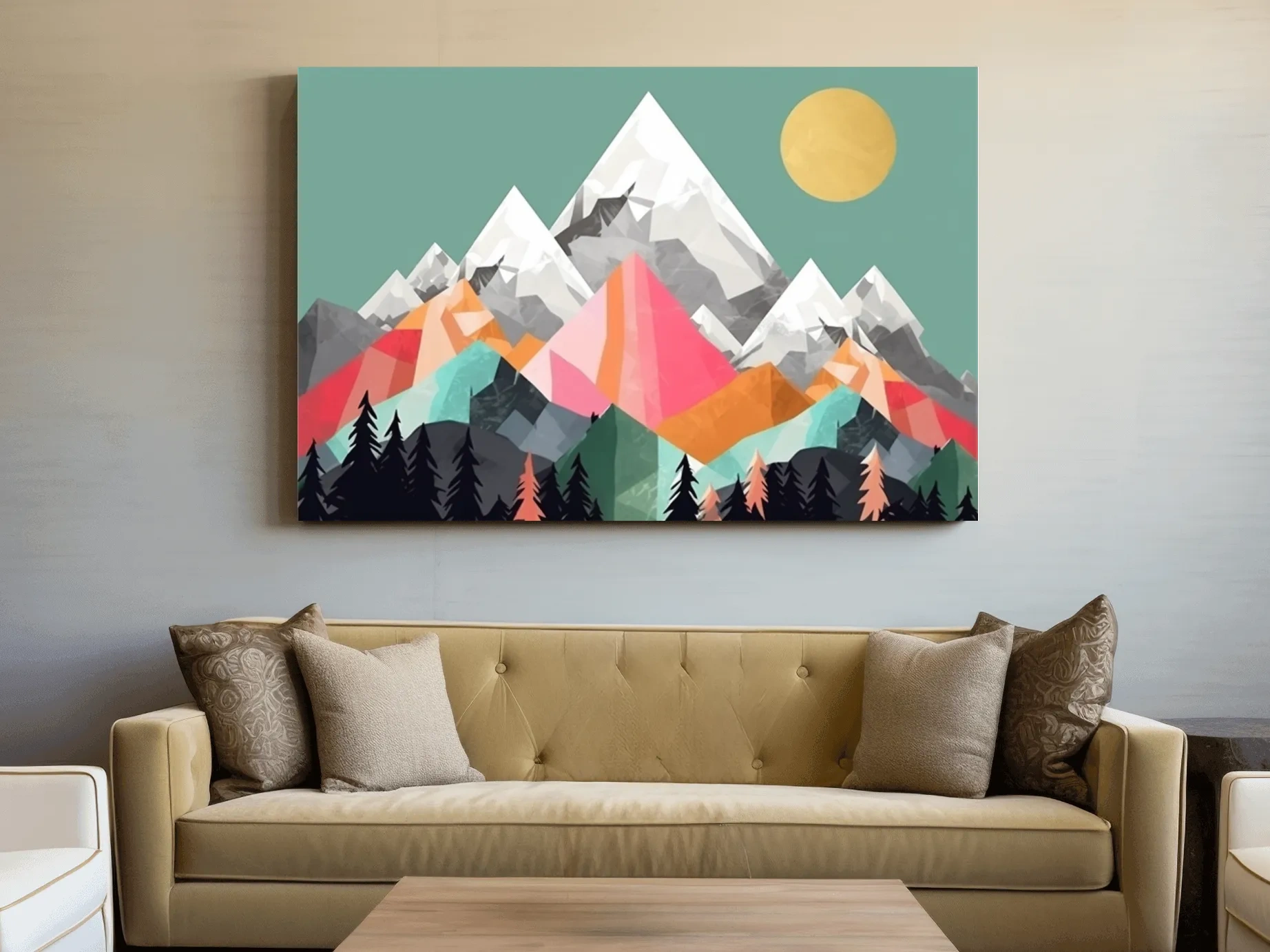 Geometric Abstract 2D Mountain Sunrise Art - Colorful Mid Century Wall Art