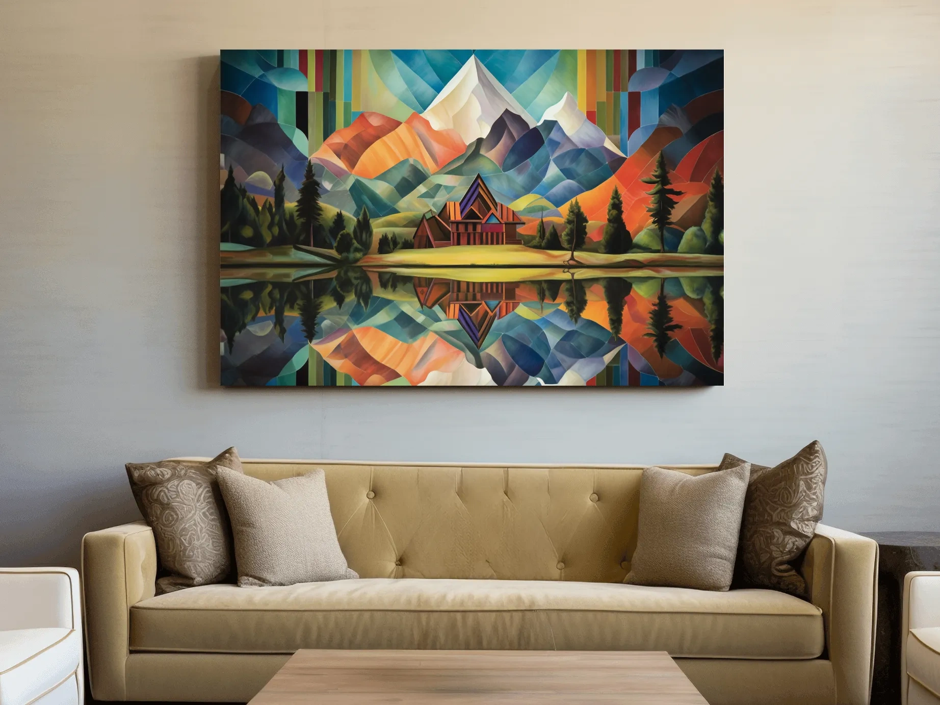 Vibrant Geometric Mountain Cabin Lake Reflection - Colorful Abstract Landscape Wall Art