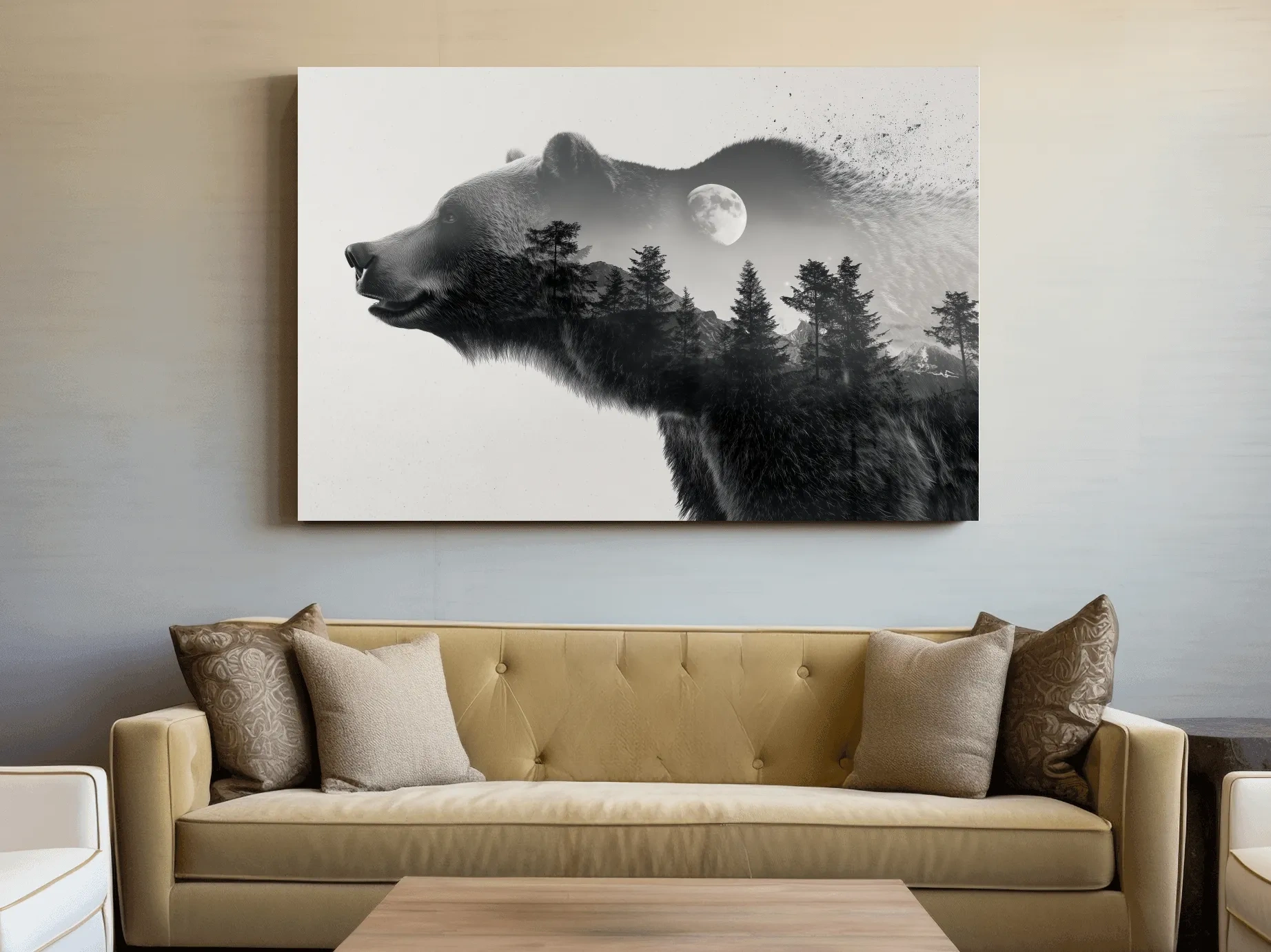 Black And White Grizzly Bear Double Exposure - Moonlit Pine Forest Mountain Wall Art