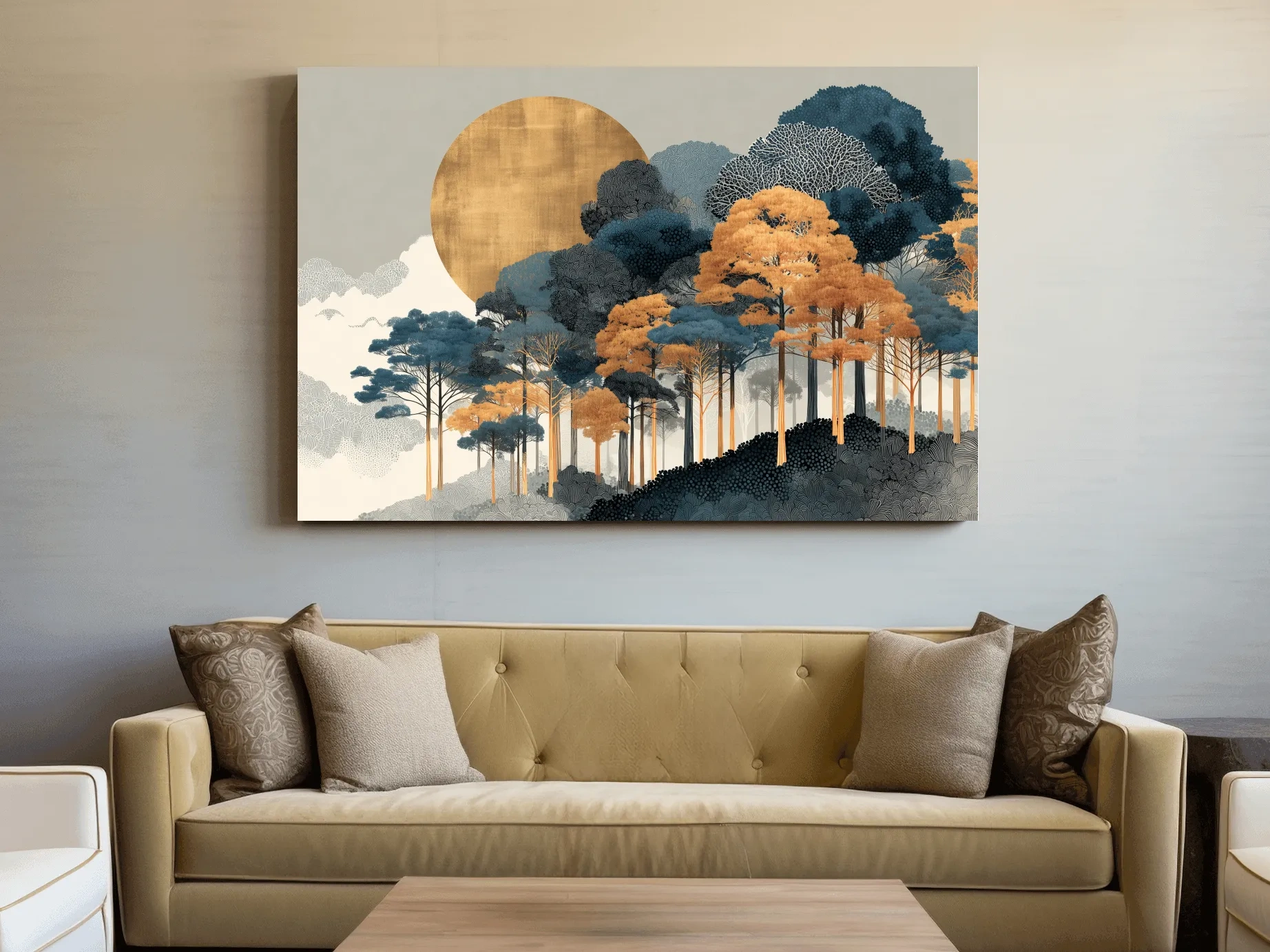 Modern Chic Golden Sun Over Autumn Forest - Elegant Boho Landscape Wall Art