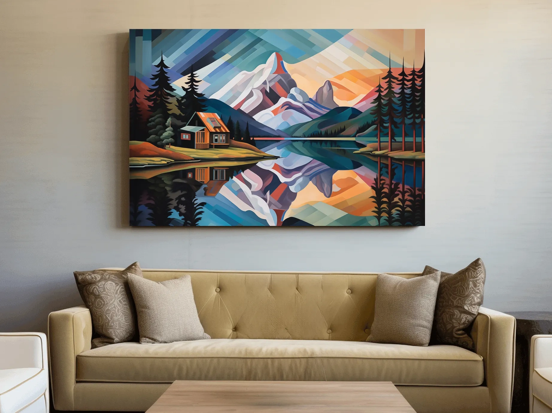 Mountain Cabin by the Lake Canvas Print - Abstract Oil Painting Sunset Wall Art