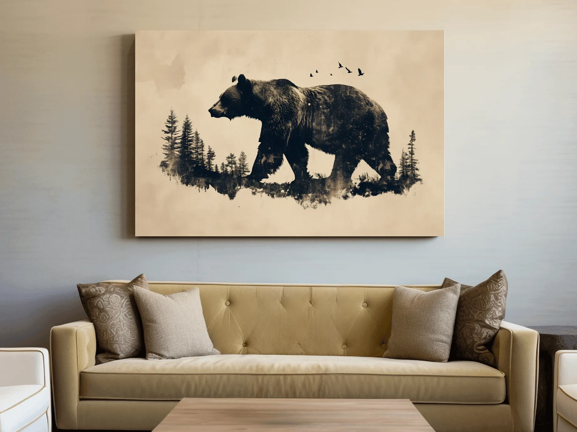 Vintage Grizzly Bear Forest Silhouette - Rustic Wildlife Wall Art