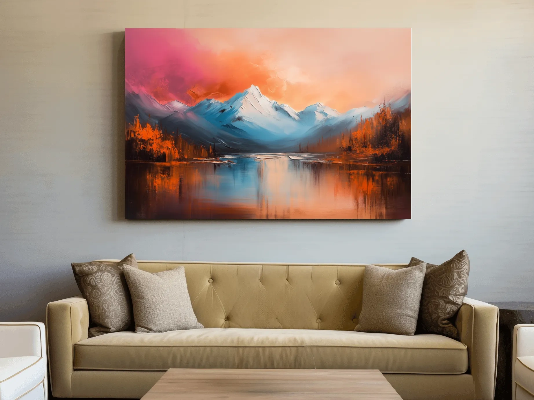 Textured Sunset Mountain Lake Painting - Serene Abstract Landscape Wall Art
