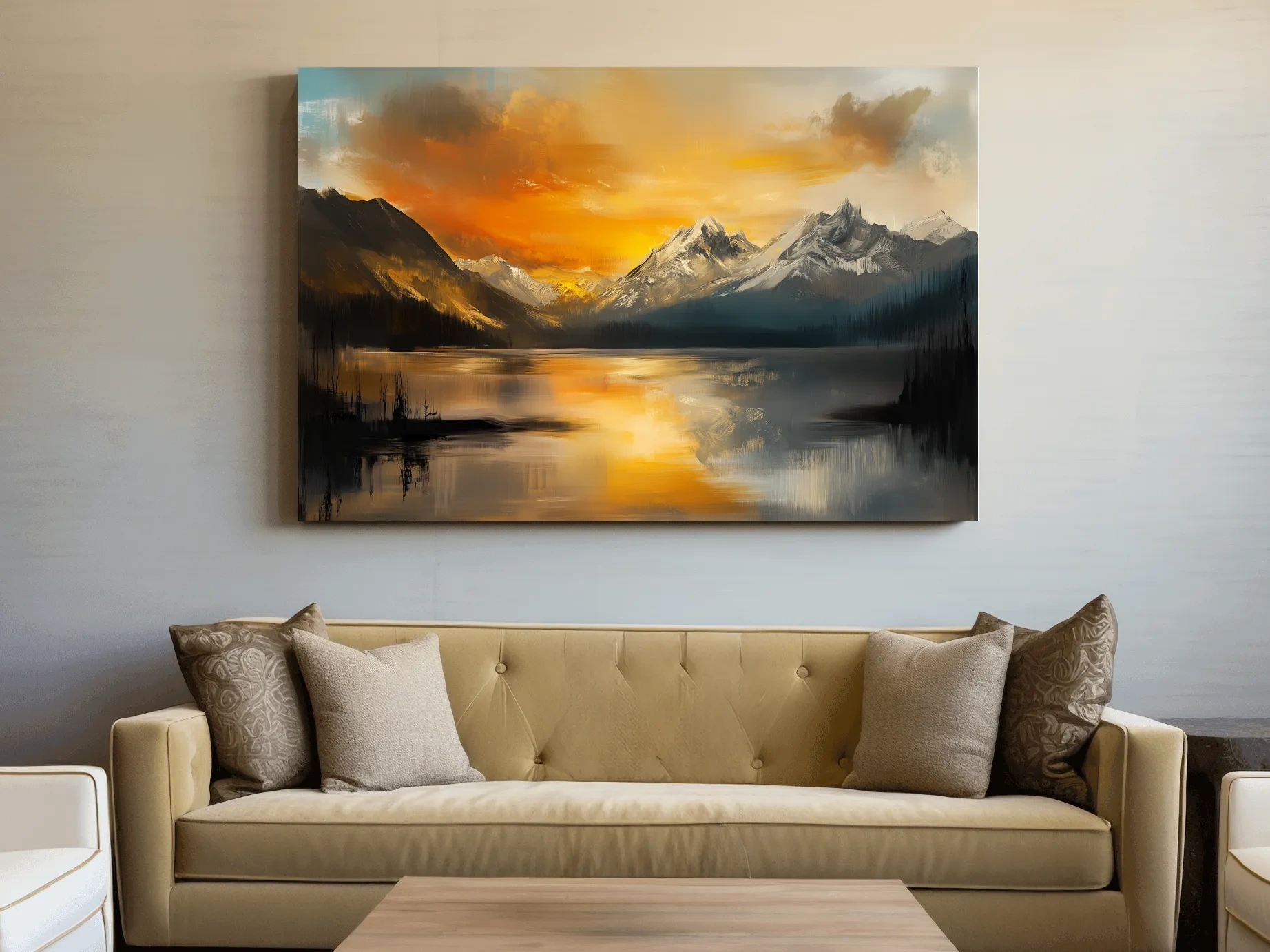 Moody Alpine Mountain Lake Sunset Painting - Oil Painting Style Wall Art