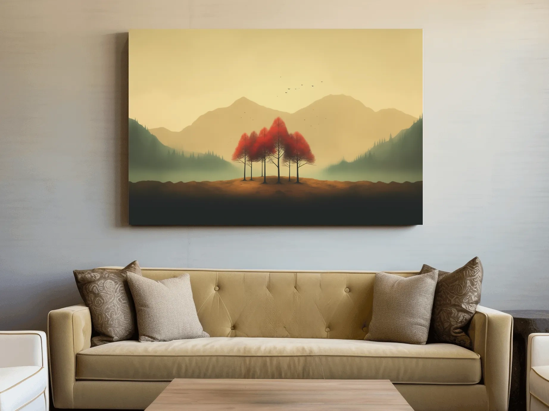 Minimalist Autumn Tree Grove Landscape - Misty Mountain Forest Wall Art