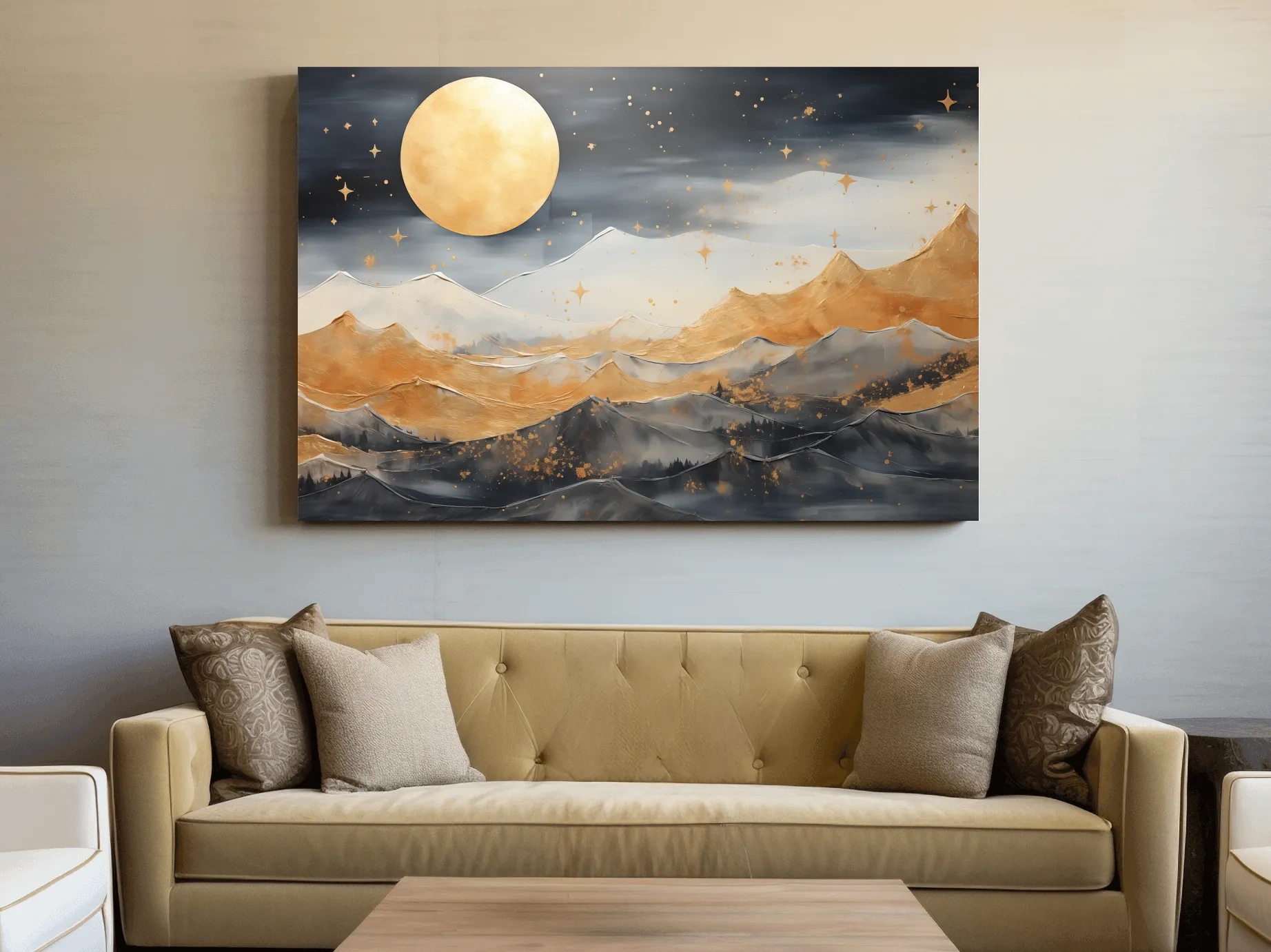 Golden Moonlit Abstract Mountain Landscape - Modern Metallic Watercolor Wall Art