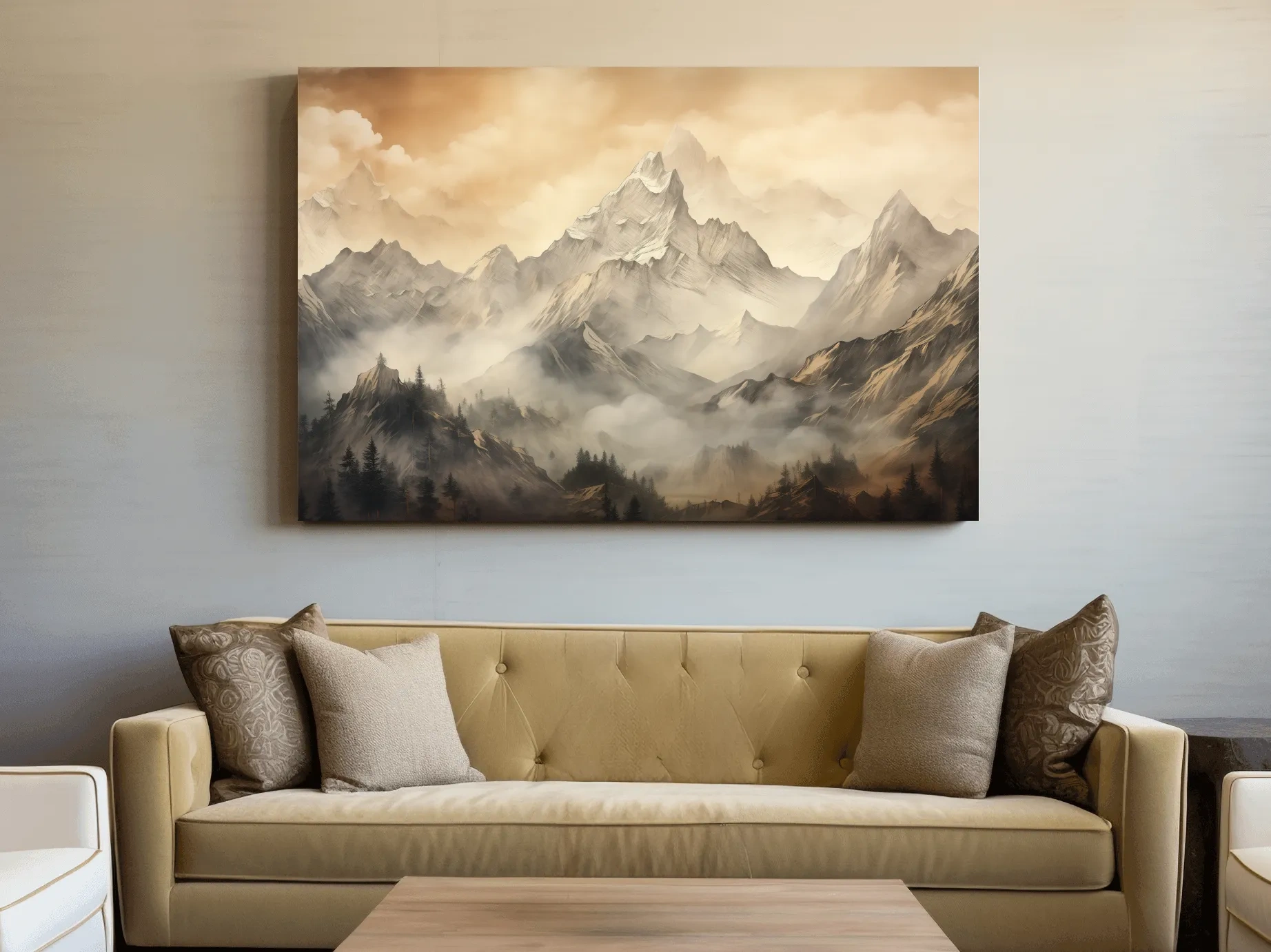Moody Sepia Misty Mountain Peaks - Atmospheric Alpine Landscape Painting Wall Art