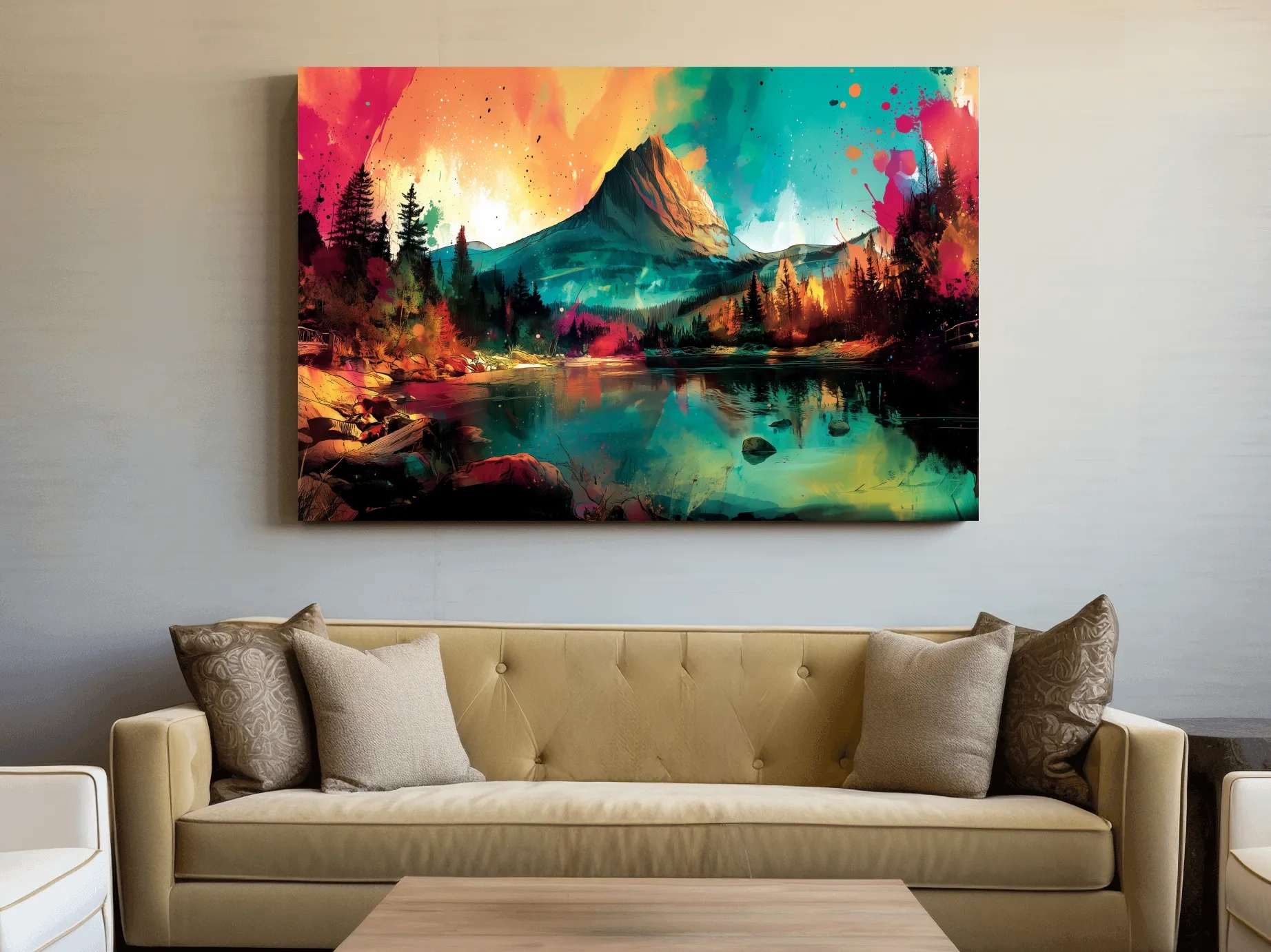 Vibrant Abstract Alpine Mountain Sunrise - Colorful Watercolor Style Artwork