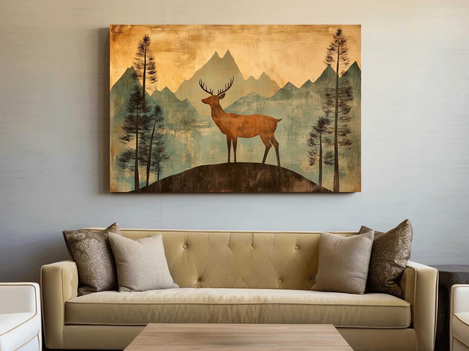 Rustic Deer Silhouette Mountain Landscape - Vintage Woodland Wall Art