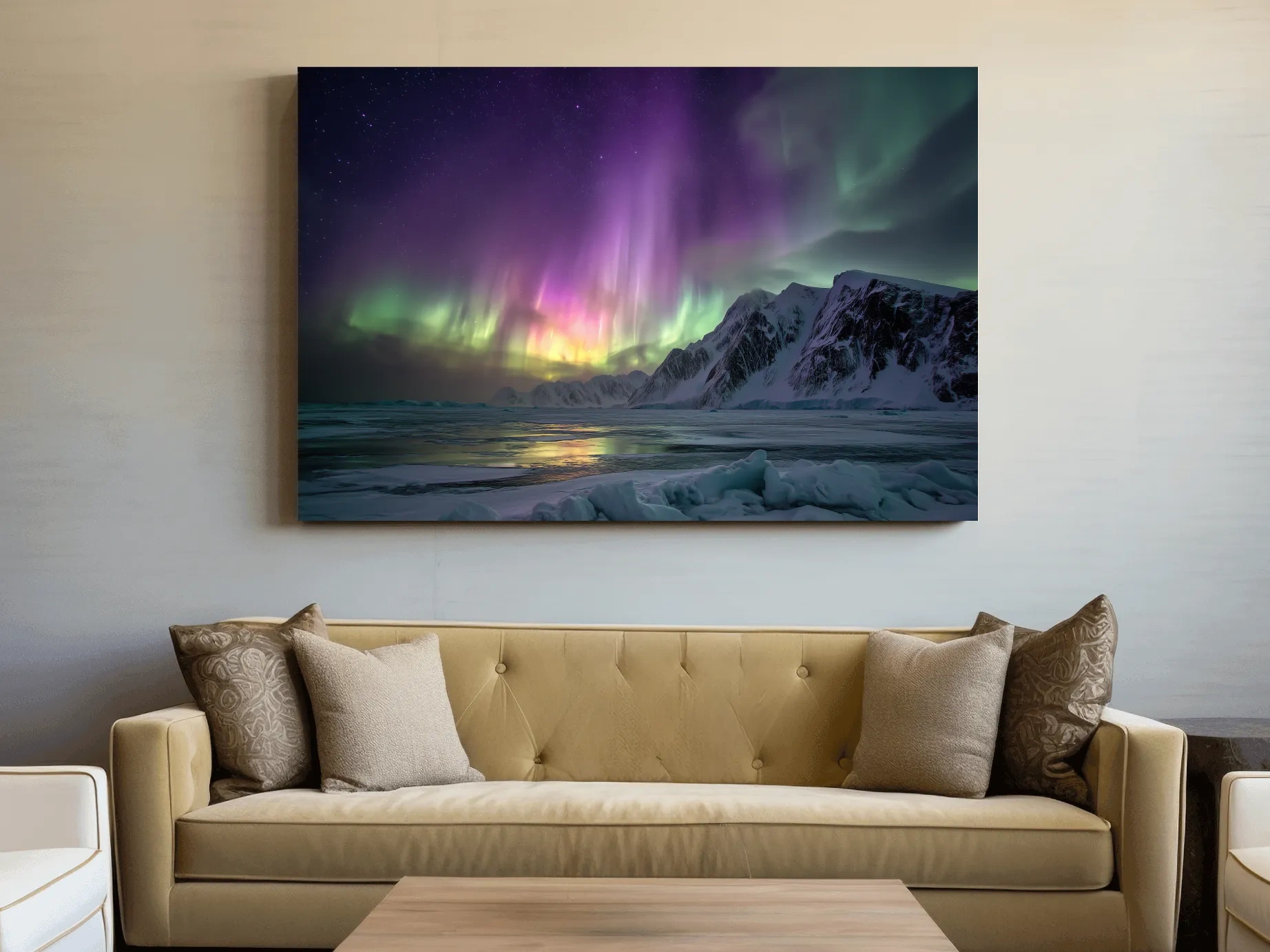 Vibrant Northern Lights Over Snowy Mountains - Aurora Borealis Photographic Night Sky Wall Art