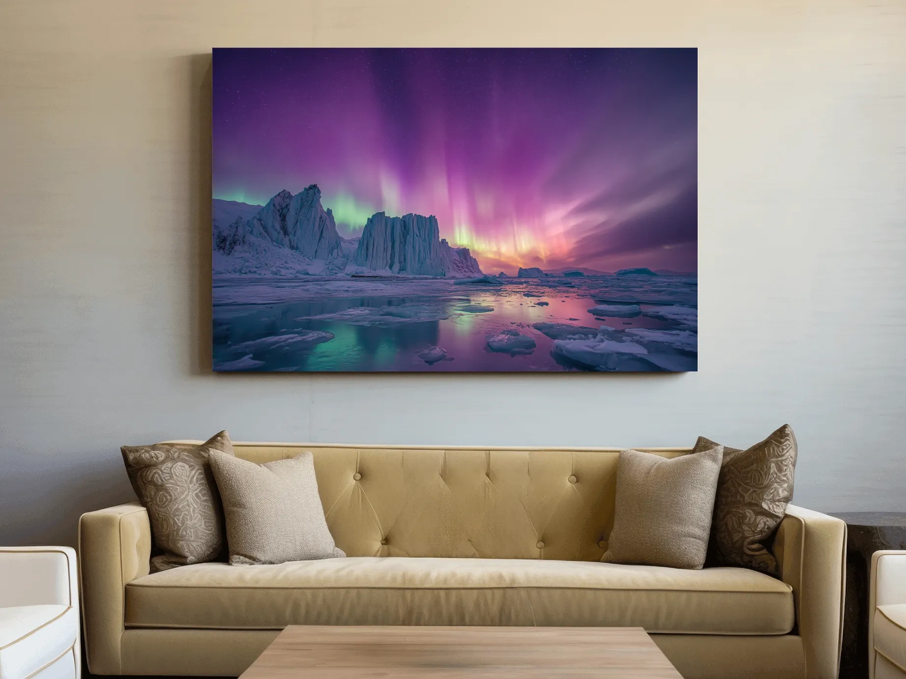 Vibrant Purple Northern Lights Over Arctic Icebergs - Aurora Borealis Landscape Wall Art