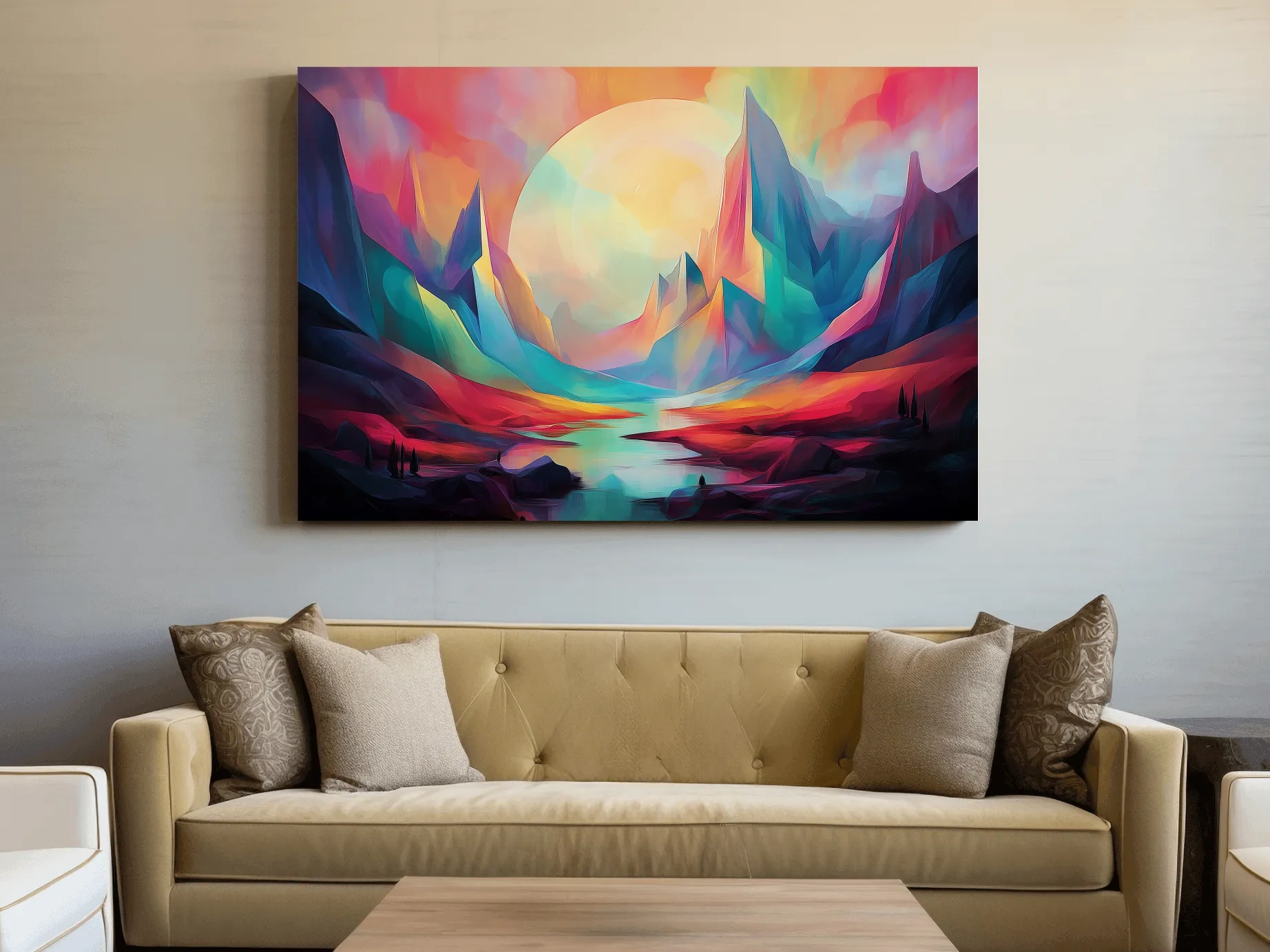 Vibrant Abstract Mountain Valley Sunset - Colorful Surreal Landscape Wall Art