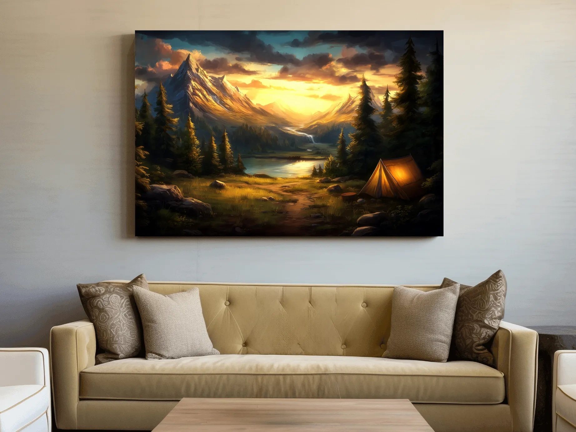 Golden Sunset Alpine Camping Scene Impressionist Painting - Scenic Mountain Wall Art