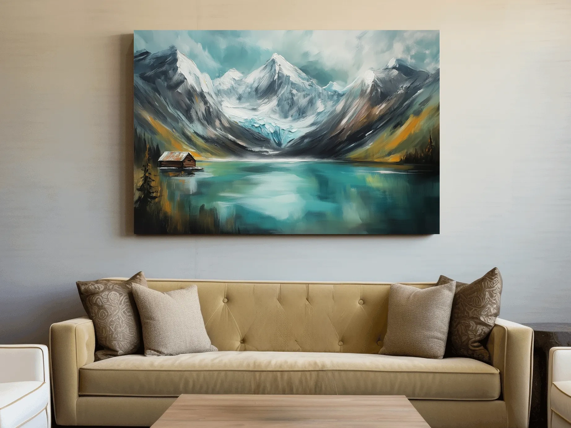 Turquoise Alpine Lake Cabin Painting - Snowy Mountain Landscape Wall Art