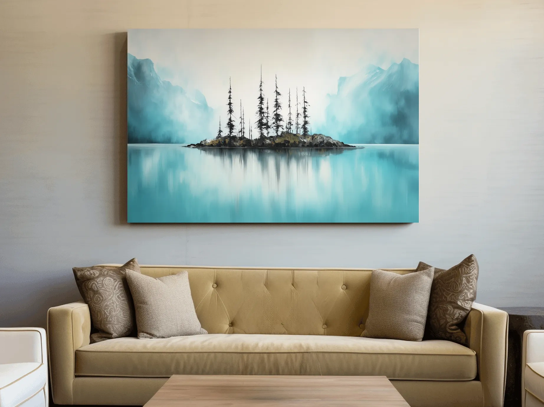 Misty Turquoise Mountain Lake Reflection - Minimalist Watercolor Landscape Wall Art
