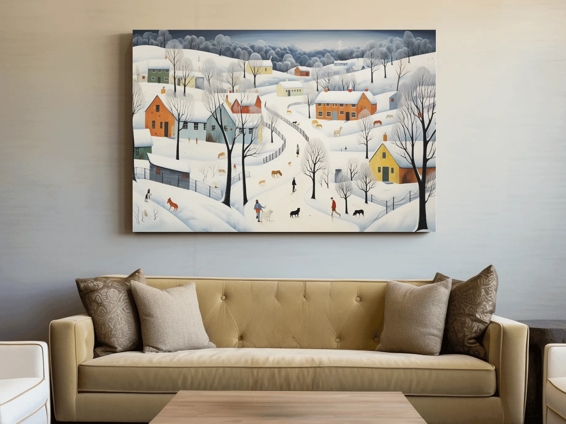 Whimsical Snowy Village Winter Landscape Painting - Folk Art Countryside Wall Art