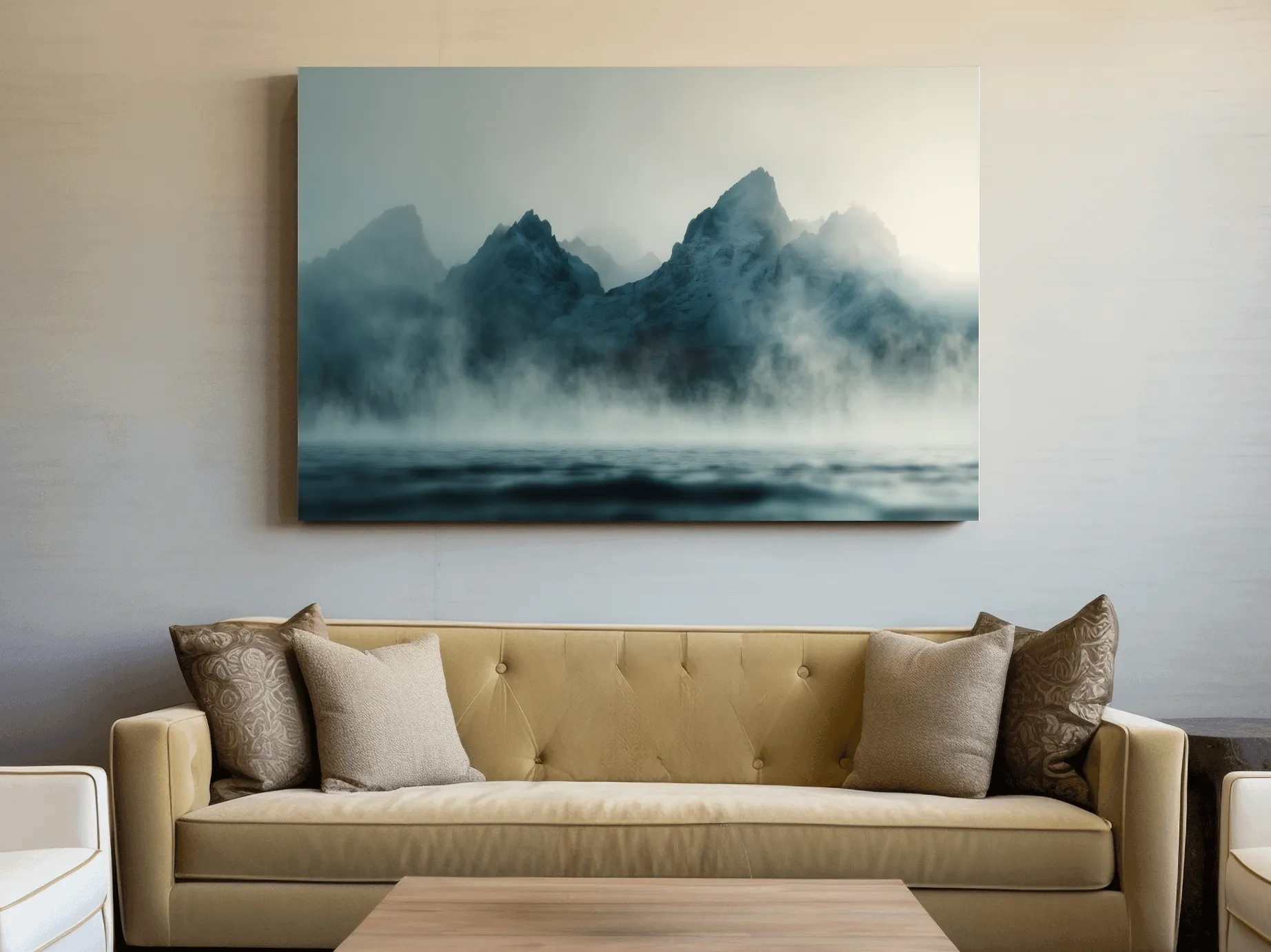 Moody Misty Mountain Peaks Over Water - Atmospheric Monochrome Landscape Wall Art