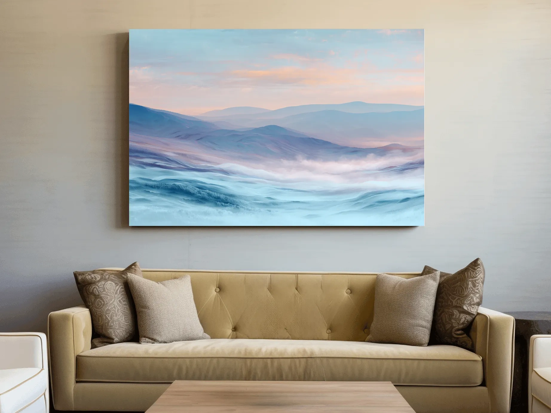 Ethereal Pastel Misty Mountain Landscape - Serene Abstract Forest Wall Art