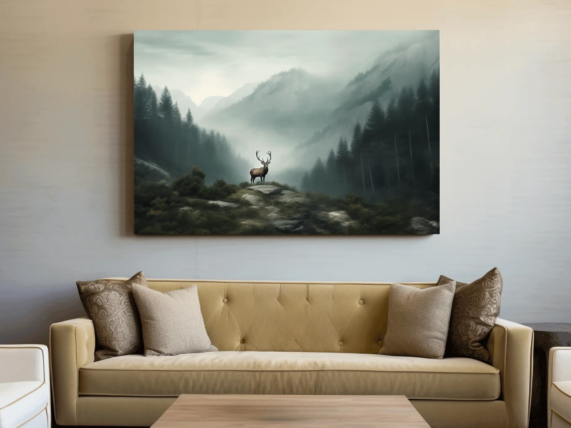 Moody Misty Mountain Deer Landscape - Atmospheric Forest Wildlife Wall Art