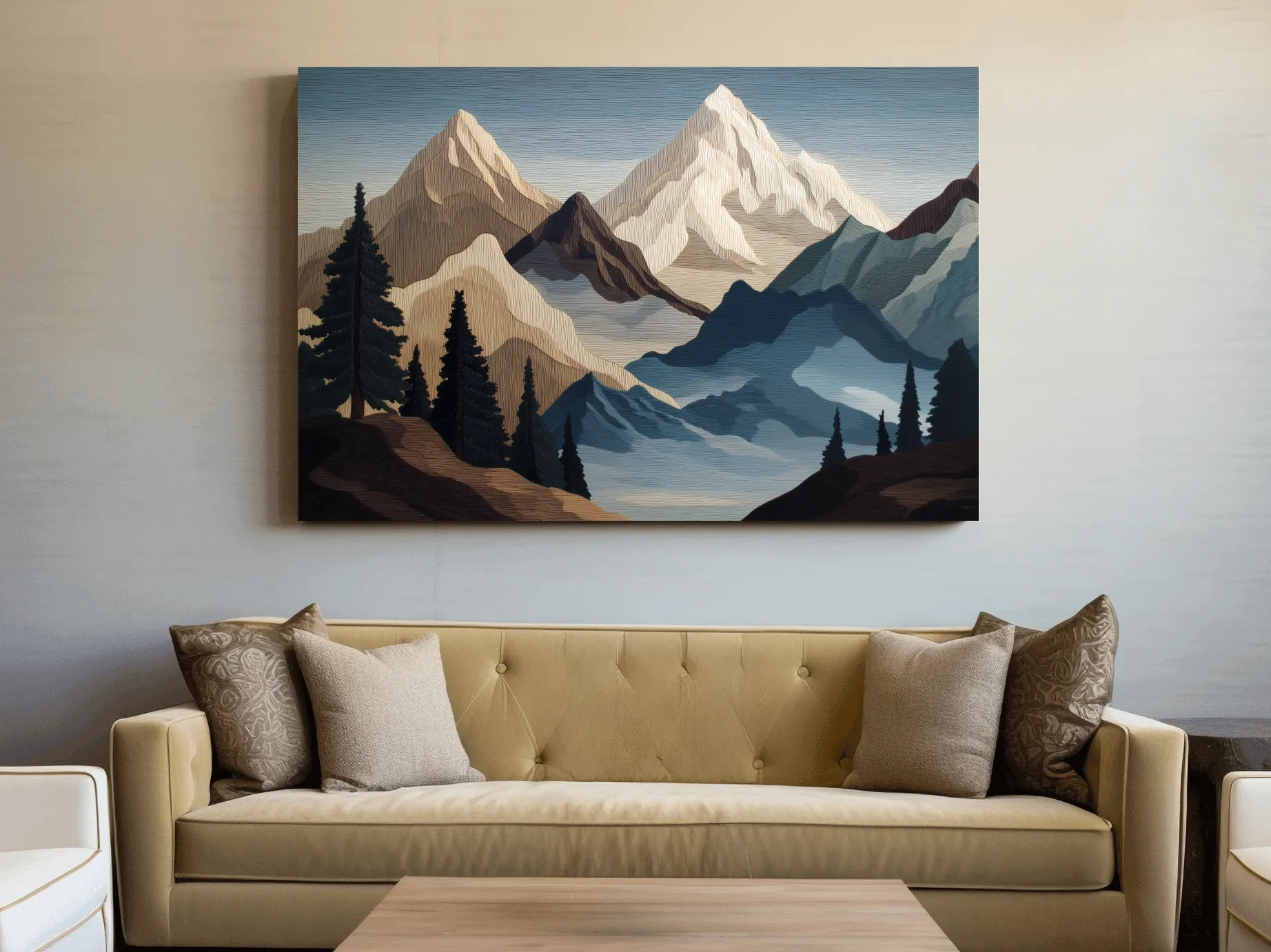 Textured Layered Alpine Mountain Peaks - Scenic Forest Wall Art