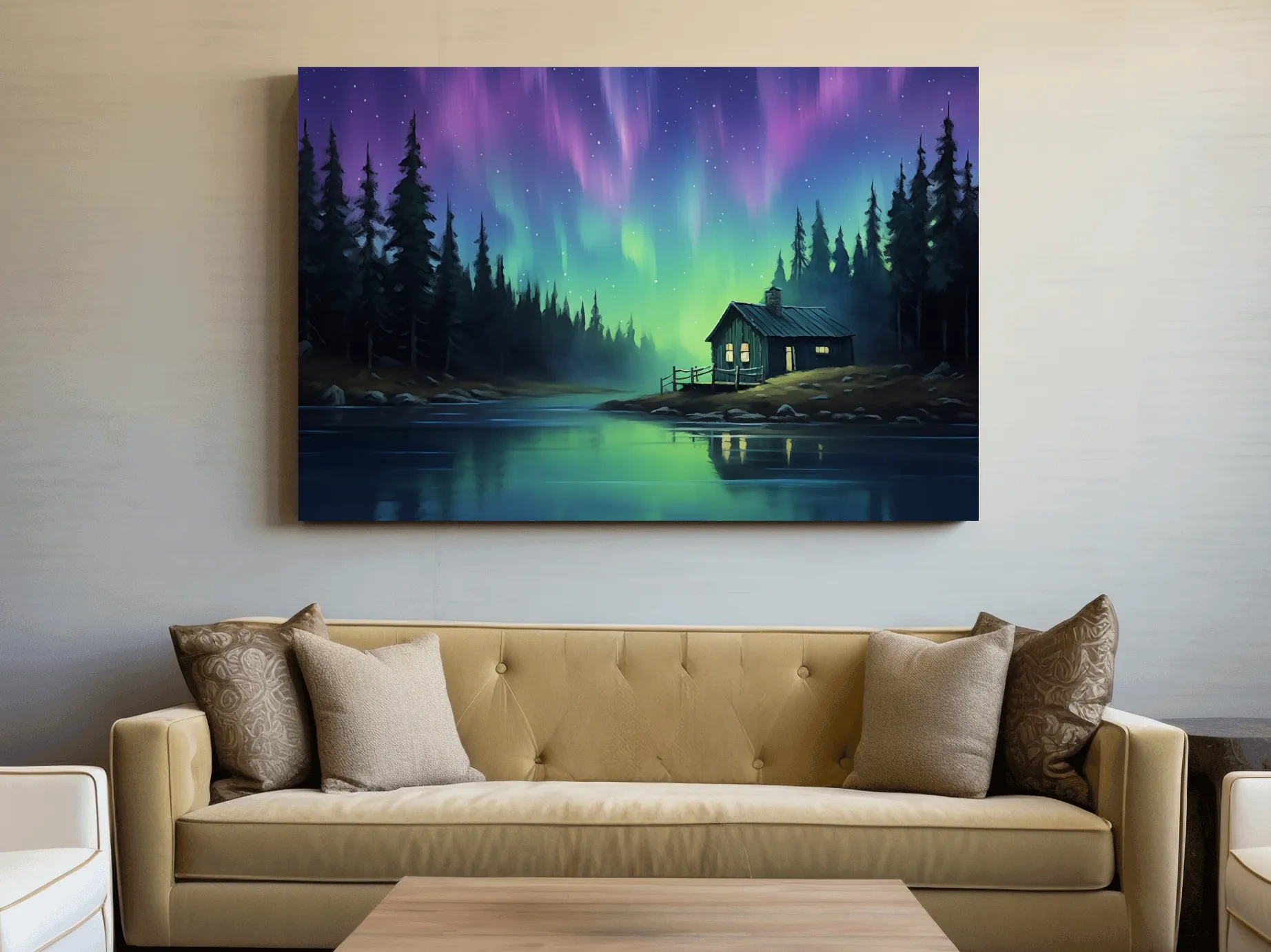 Northern Lights Over Lakeside Cabin Painting - Aurora Borealis Night Wall Art