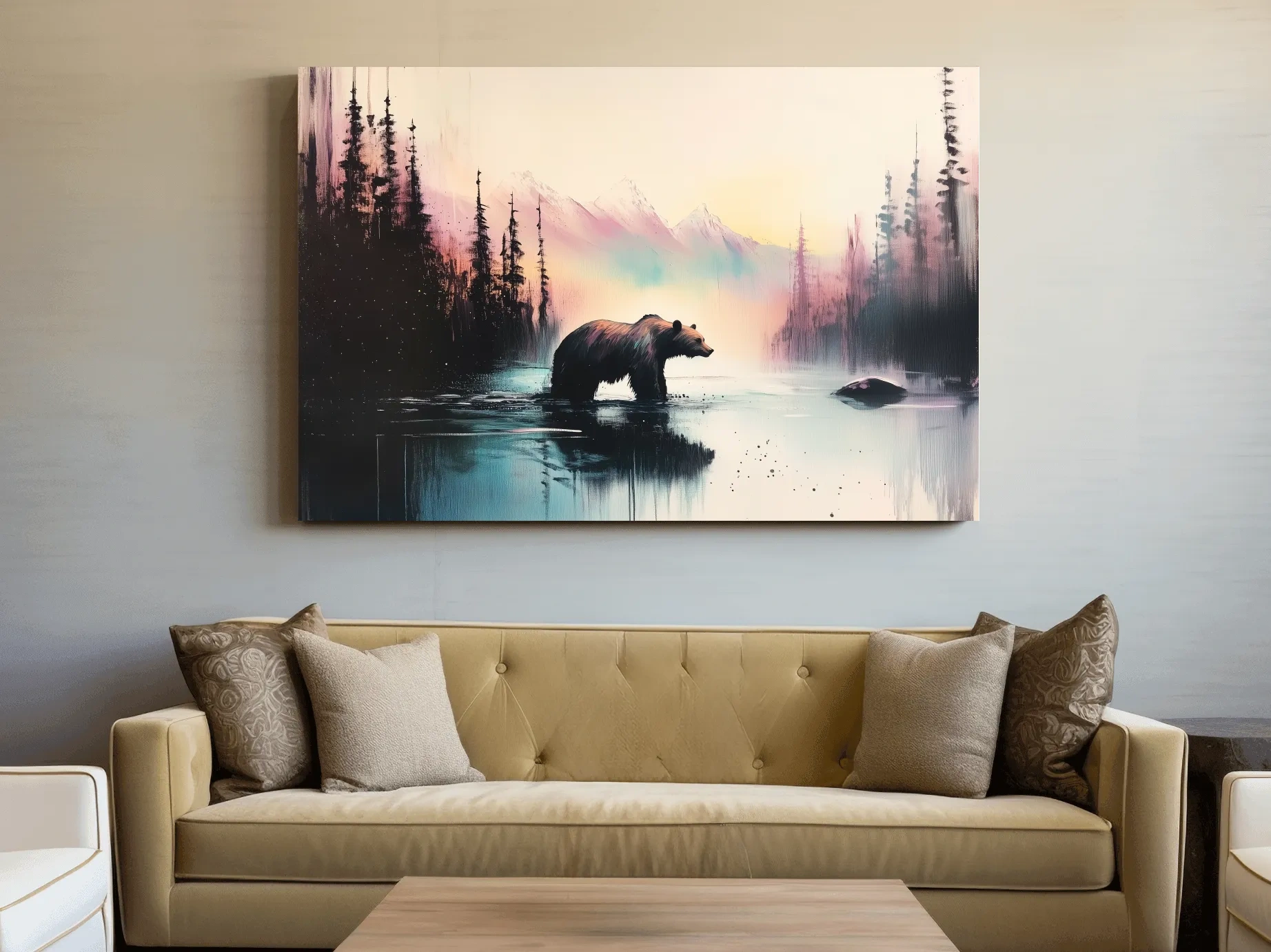 Moody Watercolor Grizzly Bear Lake Reflection - Misty Mountain Wilderness Wall Art