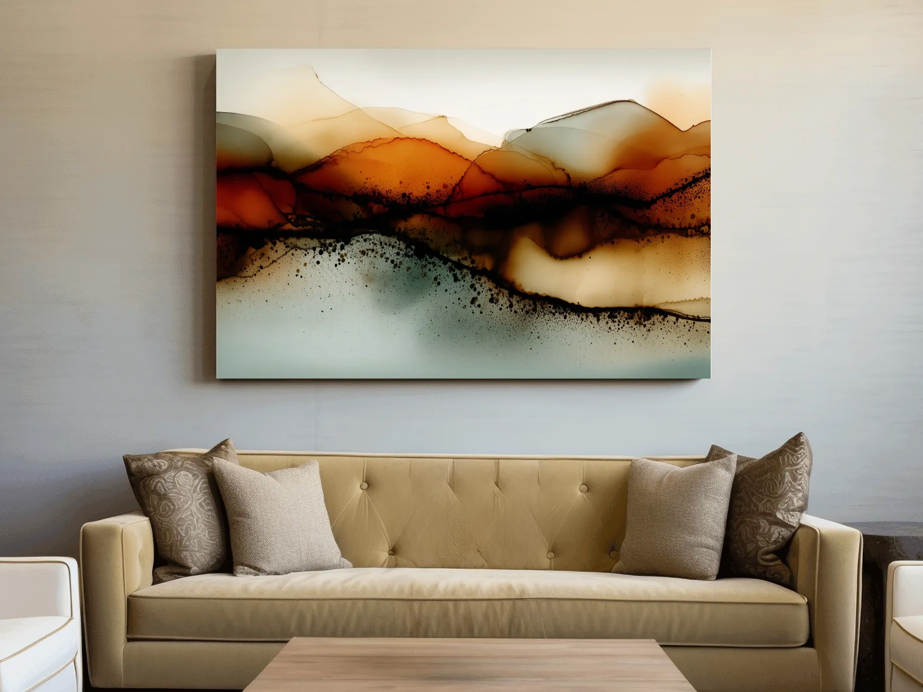 Moody Abstract Sepia Mountain Layers - Modern Alcohol Ink Landscape Wall Art