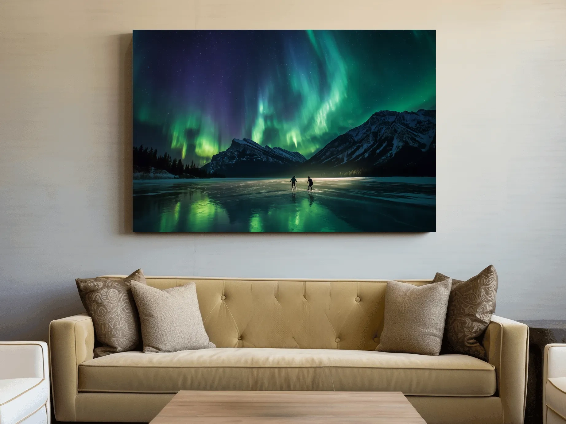 Ice Skaters Under Vibrant Northern Lights - Aurora Borealis Photographic Wall Art