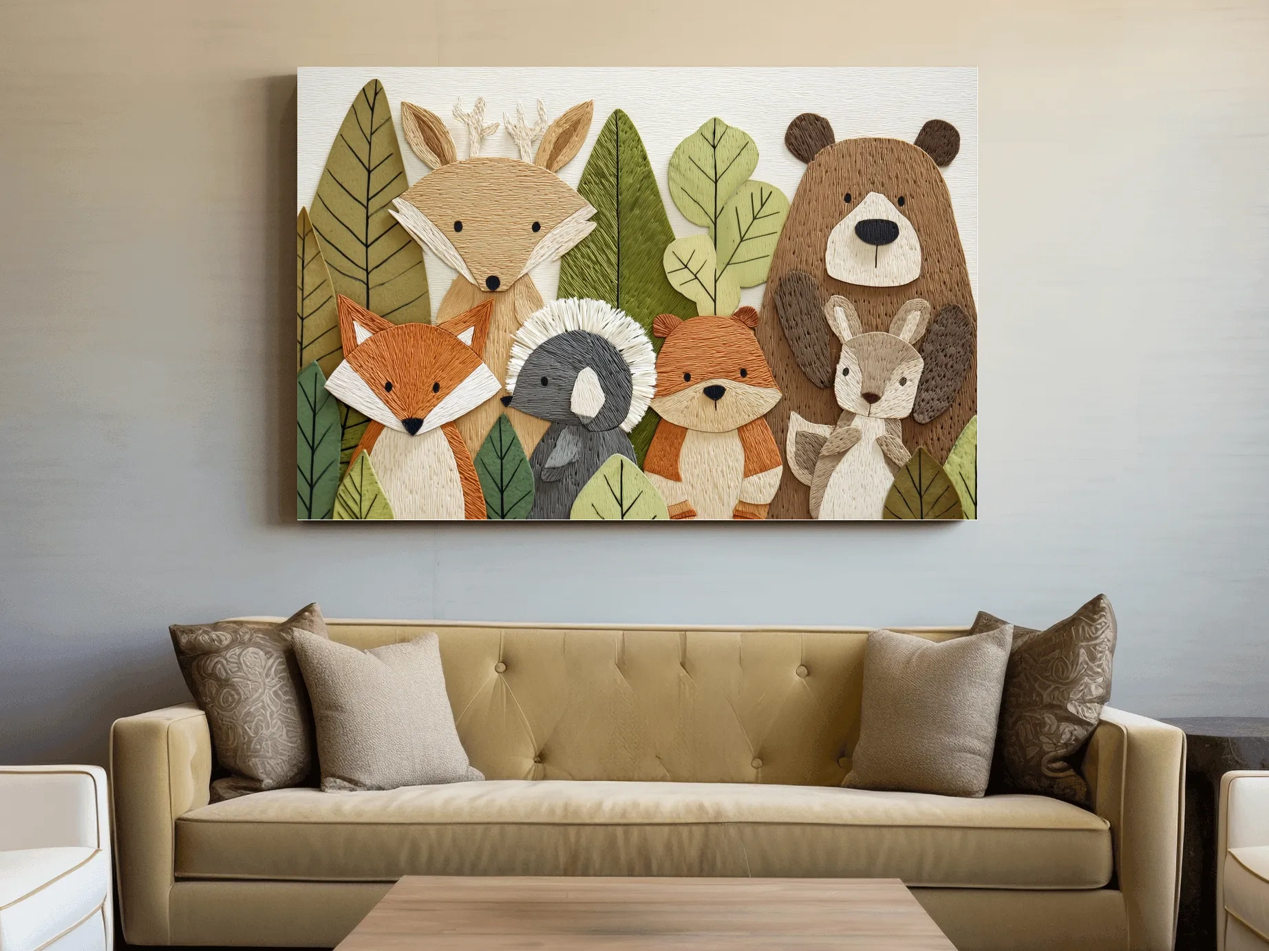 Woodland Animal Nursery Decor - Cute Forest Animals Embroidery Style Wall Art