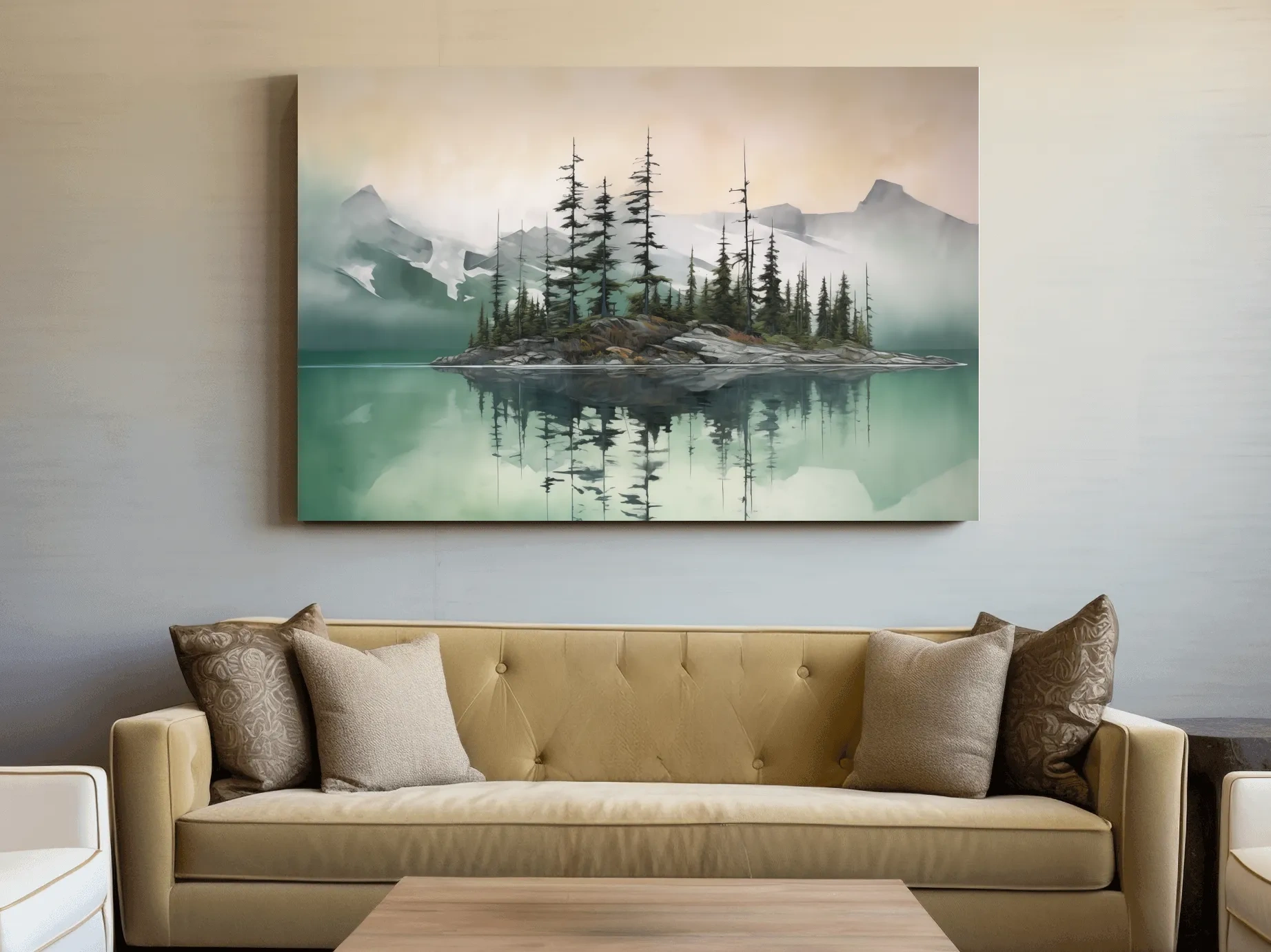 Misty Turquoise Alpine Lake Reflection - Serene Watercolor Mountain Landscape Wall Art
